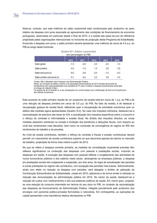 36
     PROGRAMA DE ESTABILIDADE E CRESCIMENTO 2010-2013




     Note-se, contudo, que esta melhoria do saldo orçamental está condicionada pelo acréscimo do peso
     relativo da despesa com juros associada ao agravamento das condições de financiamento da economia
     portuguesa, observadas em particular desde o final de 2010, e a subida das taxas de juro de referência
     projectada pelas organizações internacionais no horizonte de projecção deste Programa de Estabilidade.
     Excluindo a despesa com juros, o saldo primário deverá apresentar uma melhoria de cerca de 4,5 p.p. do
     PIB ao longo deste horizonte.
                                                Quadro III.1. Saldos orçamentais
                                                     (em percentagem do PIB)

                                                       2010          2011         2012          2013         2014
                Saldo global                             -7,3          -4,6          -3,0         -2,0         -1,0

                Saldo primário                           -4,4          -1,0          1,4           2,6          3,5

                Saldo estrutural (a)                     -8,0          -3,8          -2,0         -1,0         -0,3

                Saldo primário estrutural (a)            -5,1          -0,2          2,3           3,6          4,3

               Fontes: INE e Ministério das Finanças e da Administração Pública.
               Notas: (a) Corrigido de efeitos cíclicos e de operações extraordinárias de 2010 (receita decorrente da
               transferência das responsabilidades com pensões da PT para o Estado e despesa extraordinária associada
               à entrega de material militar).
               Os valores de 2010 deverão vir a ser actualizados em conformidade com a Notificação de Abril do Procedimento
               dos Défices Excessivos.



     Este aumento do saldo primário resulta de um acréscimo da receita total em cerca de 1 p.p. do PIB e de
     uma redução da despesa primária em cerca de 3,5 p.p. do PIB. No lado da receita, é de destacar a
     recuperação gradual da receita fiscal, reflectindo quer a recuperação da actividade económica quer os
     efeitos das medidas agora apresentadas (Quadro III.2). No caso dos impostos indirectos, destacam-se a
     racionalização da estrutura das taxas do IVA, a actualização dos impostos específicos sobre o consumo e
     o reforço do combate à informalidade e evasão fiscal. No âmbito dos impostos directos, as novas
     medidas assentam sobretudo na revisão e limitação dos benefícios e deduções fiscais, com impacto ao
     nível dos rendimentos mais elevados, bem como na conclusão da convergência do regime do IRS dos
     rendimentos de trabalho e de pensões.

     Ao nível da receita contributiva, também o reforço do combate à fraude e evasão contributivas deverá
     permitir um crescimento da receita contributiva superior ao que decorreria apenas da retoma no mercado
     de trabalho, projectada de forma mais notória a partir de 2012.

     No que se refere à despesa corrente primária, as medidas de consolidação orçamental previstas têm
     reflexos significativos na contenção das despesas com pessoal e prestações sociais, incluindo as
     despesas em saúde. A evolução das despesas com pessoal reflecte o congelamento das admissões de
     novos funcionários públicos e dos salários neste sector, abrangendo as empresas públicas; a despesa
     em prestações sociais tem subjacente a suspensão, por dois anos, da regra de actualização das pensões
     e outras prestações do regime não contributivo, com excepção das pensões mais baixas. Adicionalmente,
     ainda com efeito na redução na despesa com pensões, será alargado o âmbito de aplicação da
     Contribuição Extraordinária de Solidariedade, criada em 2010, aplicando-a de forma similar à utilizada na
     redução das remunerações da administração pública em 2010. No sector da saúde, destacam-se a
     redução de custos com medicamentos e dos sub-sistemas públicos de saúde. Em menor grau, projecta-
     se uma redução do consumo intermédio em termos do seu rácio no PIB, no contexto da racionalização
     das despesas de funcionamento da Administração Pública, mitigada parcialmente pelo acréscimo dos
     encargos com parcerias público-privadas ferroviárias e rodoviárias. Em contrapartida, as operações de
     capital apresentam uma importância relativa decrescente no PIB.
 
