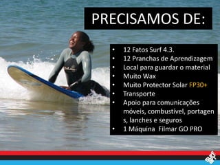 PRECISAMOS DE:
  •   12 Fatos Surf 4.3.
  •   12 Pranchas de Aprendizagem
  •   Local para guardar o material
  •   Muito Wax
  •   Muito Protector Solar FP30+
  •   Transporte
  •   Apoio para comunicações
      móveis, combustível, portagen
      s, lanches e seguros
  •   1 Máquina Filmar GO PRO
 