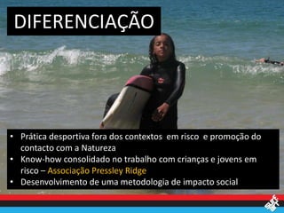 DIFERENCIAÇÃO




• Prática desportiva fora dos contextos em risco e promoção do
  contacto com a Natureza
• Know-how consolidado no trabalho com crianças e jovens em
  risco – Associação Pressley Ridge
• Desenvolvimento de uma metodologia de impacto social
 