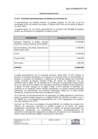 Νεοφυής Επιχειρηματικότητα
Πρόσκληση: Ο.Ι.1_ΚΕ_1
Έκδοση: 2η
Ημερ/νια: 21.03.2016
Σελίδα 11 από 35
I.1.2.4 Συνολικός προϋπολογισμός της Δράσης και κατανομή του
Ο προϋπολογισμός της δημοσίας δαπάνης της Δράσης ανέρχεται σε 120 εκατ. € και θα
κατανεμηθεί σε δύο (2) κύκλους (1ος κύκλος, Α’ Εξάμηνο 2016: 60% και 2ος κύκλος Β’ Εξάμηνο
του 2016: 40%).
Η παρούσα Δράση του 1ου κύκλου χρηματοδοτείται με συνολικό ποσό 72 εκατ. € (Δημόσια
Δαπάνη) και κατανέμεται στις περιφέρειες της χώρας ως εξής:
ΠΕΡΙΦΕΡΕΙΕΣ Συνολικός Π/Υ (Δ/Δ) €
Ανατολική Μακεδονία & Θράκη, Κεντρική
Μακεδονία, Ήπειρος, Θεσσαλία, Δυτική Ελλάδα
43.440.000
Δυτική Μακεδονία, Ιόνια Νησιά, Πελοπόννησος,
Βόρειο Αιγαίο, Κρήτη
12.780.000
Αττική 11.040.000
Στερεά Ελλάδα 2.760.000
Νότιο Αιγαίο 1.980.000
ΣΥΝΟΛΟ 72.000.000
Η Δράση χρηματοδοτείται από το Ευρωπαϊκό Κοινωνικό Ταμείο (ΕΚΤ). Το ΕΚΤ στοχεύει να
βελτιώσει τις ευκαιρίες απασχόλησης, να ενισχύσει την κοινωνική ένταξη, να καταπολεμήσει τη
φτώχεια, να προαγάγει την εκπαίδευση, τις δεξιότητες και τη διά βίου μάθηση και να αναπτύξει
ενεργές, συνολικές και βιώσιμες πολιτικές ένταξης στο πλαίσιο των καθηκόντων που του
ανατίθενται από το άρθρο 162 της Συνθήκης για τη λειτουργία της Ευρωπαϊκής Ένωσης (ΣΛΕΕ)
και με τον τρόπο αυτό να συμβάλει στην οικονομική, κοινωνική και εδαφική συνοχή σύμφωνα με
το άρθρο 174 ΣΛΕΕ. Σύμφωνα με το άρθρο 9 ΣΛΕΕ, το ΕΚΤ συνεκτιμά τις απαιτήσεις που
συνδέονται με την προαγωγή υψηλού επιπέδου απασχόλησης, την εγγύηση επαρκούς κοινωνικής
προστασίας, την καταπολέμηση του κοινωνικού αποκλεισμού, καθώς και το υψηλό επίπεδο
εκπαίδευσης, κατάρτισης και προστασίας της ανθρώπινης υγείας.
Για τη βελτίωση της αποτελεσματικότητας της εφαρμογής της πράξης αξιοποιείται η δυνατότητα
χρήσης της ρήτρας ευελιξίας σύμφωνα με το άρθρο 98 ΚΑΝ. ΕΕ 1303/2013 και άρθρο 2 παρ. 3
της ΥΑΕΚΕΔ για τη συμπληρωματική χρηματοδότηση από το ΕΚΤ παρεμβάσεων που εμπίπτουν
στο πεδίο ενισχύσεων του ΕΤΠΑ.
Αποστολή του ΕΤΠΑ είναι να συνεισφέρει στη χρηματοδότηση της στήριξης που στοχεύει στην
ενίσχυση της οικονομικής, κοινωνικής και χωρικής συνοχής με τη μείωση των κύριων
περιφερειακών ανισορροπιών στην Ένωση μέσω της στήριξης της βιώσιμης αναπτυξιακής και
διαρθρωτικής προσαρμογής των περιφερειακών οικονομιών, συμπεριλαμβανομένης της
μετατροπής των βιομηχανικών περιφερειών που βρίσκονται σε παρακμή και των περιφερειών των
οποίων η ανάπτυξη καθυστερεί (Άρθρο 2 Κανονισμού ΕΚ 1301/2013).
ΑΔΑ: 6ΥΑΦ4653Ο7-7Χ6
 