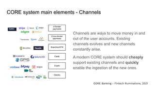 CORE system main elements - Channels
Channels are ways to move money in and
out of the user accounts. Existing
channels ev...
