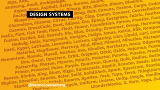 Alps, Alta,
Anatomy, Anvil, Archipelago,
Argon, Apex, Asphalt, Astro, Aurora, Axiom,
Backpack, Barista, Base, Binary, Bits, Blocks, Bloom, Bluemix,
Blueprint, Boundless, Build, Bouy, Bolt, Canvas, Carbon, Cargo, Cedar
Chameleon, Chrome, Cirrus, Clarity, Clay, Comet, Connect, Constellation
Cosmos, DressCode, Duet, Edison, Eos, Epoxy, Evergreen, Fabric, Feather
Feelix, Fiori, Fish Tank, Fleet, Float, Fluent, Foundation, Forma, Frontier, Fuse
Fusion, Garden, Gel, Gestalt, Glu, Glue, Gravity, Grommet, Group, Harmony
Hedwig, Helix, Honeycomb, Horizon, Indigo, Janus, Keirin, Klik, Kompas
Kotti, Kyper, Latitude, Leonardo, Lexicon, Lightning, Lion, Liquid, Luci, Luna
Material, Mayflower, Mercury, Miui, Mind, Mineral, Minutiae, Mixtape
Momentum, Mosaic, Muesli, Nachos, Neo, Nicollet, Northstar, Nova, Odyssey
One, Oneui, Opattern, Orbit, Origami, Otkit, Oxide, Pajamas, Paste
Patternfly, Photon, Plasma, Polaris, Polestar, Poncho, Precise, Predix
Primer, Protocol, Pulse, Purple, Quantum, Quartz, Quik, Radius, Ratio
Recess, Rimble, Ring, Rivet, Rizzo, Sandcastle, Saphir, Scooter, Seeds, Skin
Skyline, ShowCar, Snacks, Solar, Solid, SolidWork, Spark, Spectrum, Stacks
Starling, Sticky, Stitch, Swarm, SynNeo, Tack, Tape, Terra, ThingWorx
mbprint, Unicycle, Uniform, Unison, Unity, Ustyle, Vanilla
Wonderblocks, X, Yarn, Yoga, Zui
  DESIGN SYSTEMS 
@BennoLoewenberg
 