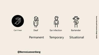 Can’t see Can’t speak
Can’t hear Can’t touch
Blind Cataract Distracted driver
Hear
Deaf Ear infection Bartender
Speak
Non-verbal Laryngitis Heavy accent
We use a Persona Spectrum to understand related limitations
across a spectrum of permanent, temporary, and situational
disabilities. It’s a quick tool to help foster empathy and to
show how a solution can scale to a broader audience.
Support Card | The Persona Spectrum
Permanent Temporary Situational
Touch
@BennoLoewenberg
Source:
Microsoft
Inclusive
Design
Toolkit
 