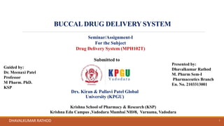 BUCCALDRUG DELIVERY SYSTEM
1
Seminar/Assignment-I
For the Subject
Drug Delivery System (MPH102T)
Submitted to
Drs. Kiran & Pallavi Patel Global
University (KPGU)
Guided by:
Dr. Meenaxi Patel
Professor
M Pharm. PhD.
KSP
Presented by:
Dhavalkumar Rathod
M. Pharm Sem-I
Pharmaceutics Branch
En. No. 2103313001
Krishna School of Pharmacy & Research (KSP)
Krishna Edu Campus ,Vadodara Mumbai NH#8, Varnama, Vadodara
DHAVALKUMAR RATHOD
 