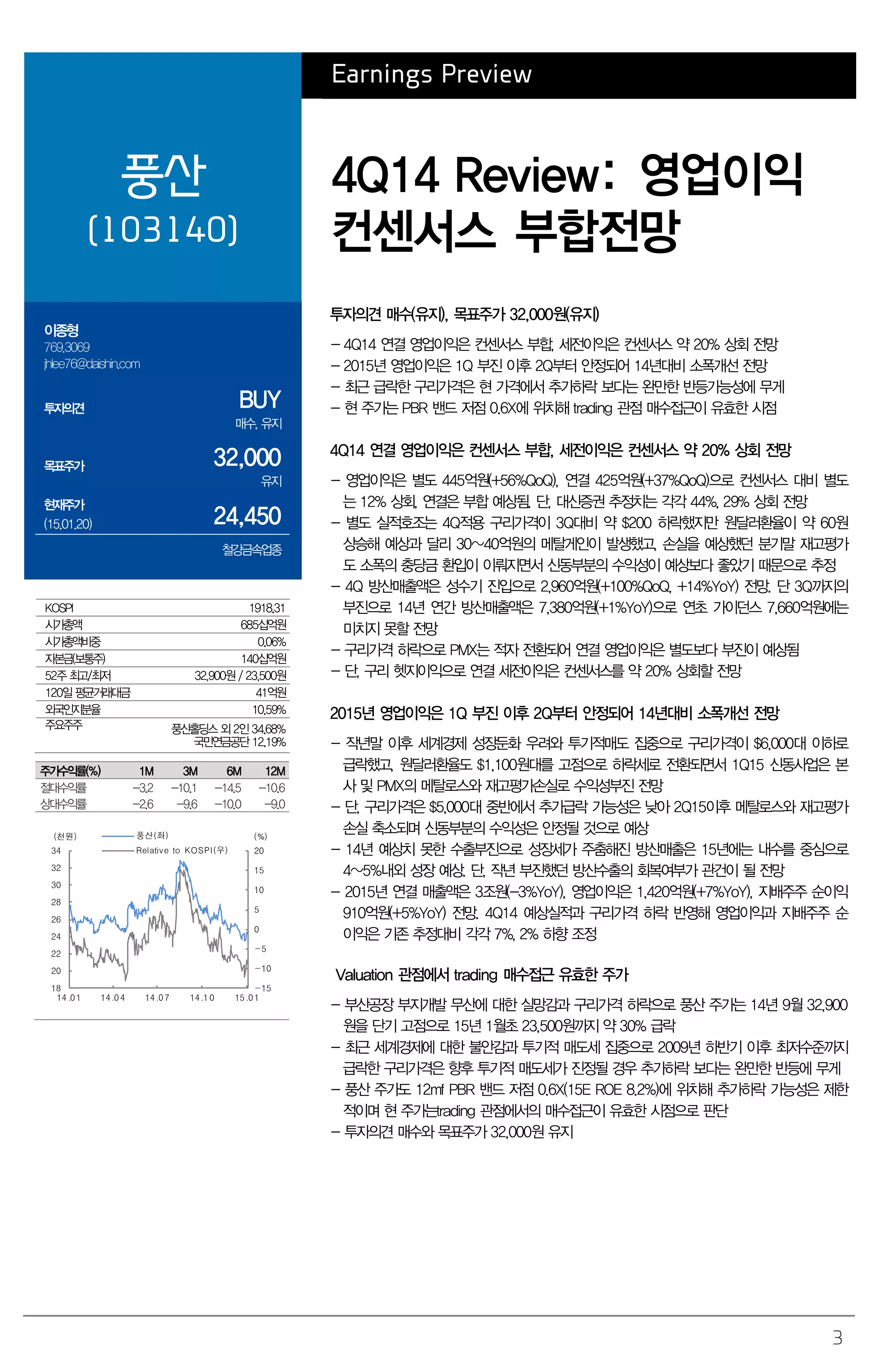 3
Earnings Preview
풍산
(103140)
4Q14 Review: 영업이익
컨센서스 부합전망
이종형
769.3069
jhlee76@daishin.com
투자의견 BUY
매수, 유지
목표주가 32,000
유지
현재주가
(15.01.20) 24,450
철강금속업종
투자의견 매수(유지), 목표주가 32,000원(유지)
- 4Q14 연결 영업이익은 컨센서스 부합, 세전이익은 컨센서스 약 20% 상회 전망
- 2015년 영업이익은 1Q 부진 이후 2Q부터 안정되어 14년대비 소폭개선 전망
- 최근 급락한 구리가격은 현 가격에서 추가하락 보다는 완만한 반등가능성에 무게
- 현 주가는 PBR 밴드 저점 0.6X에 위치해 trading 관점 매수접근이 유효한 시점
4Q14 연결 영업이익은 컨센서스 부합, 세전이익은 컨센서스 약 20% 상회 전망
- 영업이익은 별도 445억원(+56%QoQ), 연결 425억원(+37%QoQ)으로 컨센서스 대비 별도
는 12% 상회, 연결은 부합 예상됨. 단, 대신증권 추정치는 각각 44%, 29% 상회 전망
- 별도 실적호조는 4Q적용 구리가격이 3Q대비 약 $200 하락했지만 원달러환율이 약 60원
상승해 예상과 달리 30~40억원의 메탈게인이 발생했고, 손실을 예상했던 분기말 재고평가
도 소폭의 충당금 환입이 이뤄지면서 신동부분의 수익성이 예상보다 좋았기 때문으로 추정
- 4Q 방산매출액은 성수기 진입으로 2,960억원(+100%QoQ, +14%YoY) 전망. 단 3Q까지의
부진으로 14년 연간 방산매출액은 7,380억원(+1%YoY)으로 연초 가이던스 7,660억원에는
미치지 못할 전망
- 구리가격 하락으로 PMX는 적자 전환되어 연결 영업이익은 별도보다 부진이 예상됨
- 단, 구리 헷지이익으로 연결 세전이익은 컨센서스를 약 20% 상회할 전망
2015년 영업이익은 1Q 부진 이후 2Q부터 안정되어 14년대비 소폭개선 전망
- 작년말 이후 세계경제 성장둔화 우려와 투기적매도 집중으로 구리가격이 $6,000대 이하로
급락했고, 원달러환율도 $1,100원대를 고점으로 하락세로 전환되면서 1Q15 신동사업은 본
사 및 PMX의 메탈로스와 재고평가손실로 수익성부진 전망
- 단, 구리가격은 $5,000대 중반에서 추가급락 가능성은 낮아 2Q15이후 메탈로스와 재고평가
손실 축소되며 신동부분의 수익성은 안정될 것으로 예상
- 14년 예상치 못한 수출부진으로 성장세가 주춤해진 방산매출은 15년에는 내수를 중심으로
4~5%내외 성장 예상. 단, 작년 부진했던 방산수출의 회복여부가 관건이 될 전망
- 2015년 연결 매출액은 3조원(-3%YoY), 영업이익은 1,420억원(+7%YoY), 지배주주 순이익
910억원(+5%YoY) 전망. 4Q14 예상실적과 구리가격 하락 반영해 영업이익과 지배주주 순
이익은 기존 추정대비 각각 7%, 2% 하향 조정
Valuation 관점에서 trading 매수접근 유효한 주가
- 부산공장 부지개발 무산에 대한 실망감과 구리가격 하락으로 풍산 주가는 14년 9월 32,900
원을 단기 고점으로 15년 1월초 23,500원까지 약 30% 급락
- 최근 세계경제에 대한 불안감과 투기적 매도세 집중으로 2009년 하반기 이후 최저수준까지
급락한 구리가격은 향후 투기적 매도세가 진정될 경우 추가하락 보다는 완만한 반등에 무게
- 풍산 주가도 12mf PBR 밴드 저점 0.6X(15E ROE 8.2%)에 위치해 추가하락 가능성은 제한
적이며 현 주가는trading 관점에서의 매수접근이 유효한 시점으로 판단
- 투자의견 매수와 목표주가 32,000원 유지
KOSPI 1918.31
시가총액 685십억원
시가총액비중 0.06%
자본금(보통주) 140십억원
52주 최고/최저 32,900원 / 23,500원
120일 평균거래대금 41억원
외국인지분율 10.59%
주요주주 풍산홀딩스 외 2인 34.68%
국민연금공단 12.19%
주가수익률(%) 1M 3M 6M 12M
절대수익률 -3.2 -10.1 -14.5 -10.6
상대수익률 -2.6 -9.6 -10.0 -9.0
-15
-10
-5
0
5
10
15
20
18
20
22
24
26
28
30
32
34
14.01 14.04 14.07 14.10 15.01
(%)(천원) 풍산(좌)
Relative to KOSPI(우)
 