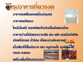 สรุปอาหารที่ควรงด
-   อาหารรสเค็มและเครื่องปรุงรส
-   อาหารหมักดอง
-   ไขมันอิ่ มตัว และผลิตภัณฑ์นมไขมันครบส่วน
-   อาหารว่างที่มันและหวานจัด เช่น เค้ก ขนมปงบิสกิต
                                                  ั
    มันฝรั่งทอด ถั่วลิสง เม็ดมะม่วงหิมพานต์
-   เนื้อสัตว์ที่มไี ขมันมาก เช่น หมูสามชั้น กุนเชียง ไส้
    กรอก เบคอน
-   เครื่องดื่มที่มีแอลกอฮอล์                               69
 