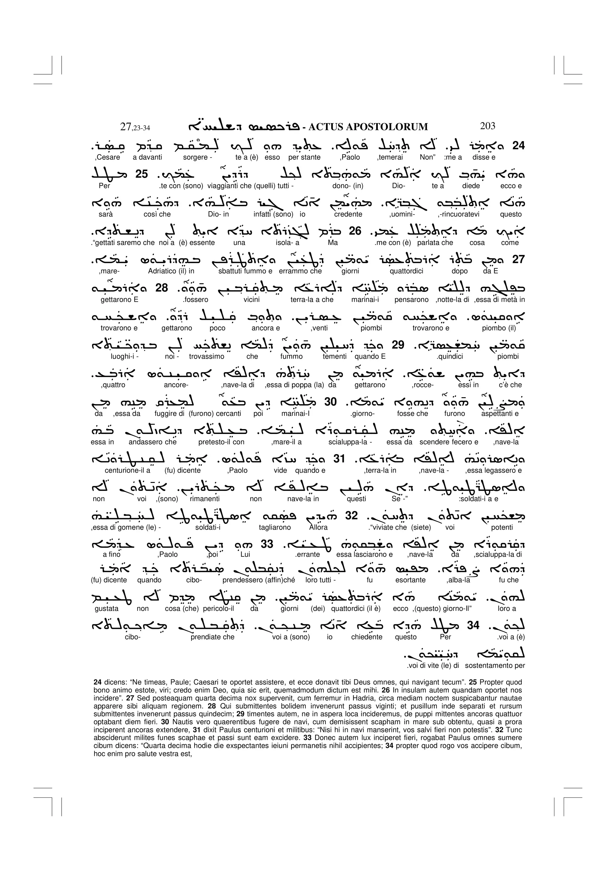 - ACTUS APOSTOLORUM
27,23-34 203
24 dicens: “Ne timeas, Paule; Caesari te oportet assistere, et ecce donavit tibi Deus omnes, qui navigant tecum”. 25 Propter quod
bono animo estote, viri; credo enim Deo, quia sic erit, quemadmodum dictum est mihi. 26 In insulam autem quandam oportet nos
incidere”. 27 Sed posteaquam quarta decima nox supervenit, cum ferremur in Hadria, circa mediam noctem suspicabantur nautae
apparere sibi aliquam regionem. 28 Qui submittentes bolidem invenerunt passus viginti; et pusillum inde separati et rursum
submittentes invenerunt passus quindecim; 29 timentes autem, ne in aspera loca incideremus, de puppi mittentes ancoras quattuor
optabant diem fieri. 30 Nautis vero quaerentibus fugere de navi, cum demisissent scapham in mare sub obtentu, quasi a prora
inciperent ancoras extendere, 31 dixit Paulus centurioni et militibus: “Nisi hi in navi manserint, vos salvi fieri non potestis”. 32 Tunc
absciderunt milites funes scaphae et passi sunt eam excidere. 33 Donec autem lux inciperet fieri, rogabat Paulus omnes sumere
cibum dicens: “Quarta decima hodie die exspectantes ieiuni permanetis nihil accipientes; 34 propter quod rogo vos accipere cibum,
hoc enim pro salute vestra est,
24
9)
A& $8 A
P B 5 ( ) I ) / " %
,Cesare a davanti sorgere - te a (è) esso per stante ,Paolo ,temerai Non” :me a disse e
I(% !" 6 $@) 3 /& 3#) I) M 4
#" 3/
.
25
$ F
Per .te con (sono) viaggianti che (quelli) tutti - dono- (in) Dio- te a diede ecco e
EG*7 &**) 2/
3# )= 7 2 4 !("#
3 / C /
sarà così che Dio- in infatti (sono) io credente ,uomini- ,-rincuoratevi questo
9(% $ I"
.
26
E , 2 !) " E 8 3 6?>) P
.“gettati saremo che noi a (è) essente una isola- a Ma .me con (è) parlata che cosa come
27
( " L& "6 # ! J ! +J ! &" % 6 6 !
,mare- Adriatico (il) in sbattuti fummo e errammo che giorni quattordici dopo da E
4
/ ! %6A *1 ) #> '
.
28
& 6
gettarono E .fossero vicini terra-la a che marinai-i pensarono ,notte-la di ,essa di metà in
L&C
! " % ! & & @
6 $ M
& @
trovarono e gettarono poco ancora e ,venti piombi trovarono e piombo (il)
EG +,(8 ! &
29
3 ! ) ,2 () !" 4
/ ! 8
luoghi-i - noi - trovassimo che fummo tementi quando E .quindici piombi
%& !"# "
T 6 L& C ') / 8 ! & 6
,quattro ancore- ,nave-la di ,essa di poppa (la) da gettarono ,rocce- essi in c’è che
&" 3 #2 4
/ ! )N
.
30
! #C O +() &+ !"
da ,essa da fuggire di (furono) cercanti poi marinai-I .giorno- fosse che furono aspettanti e
')
( ) E6& 5 ) #C 8
# .
&
4
)D= 2 3 +
essa in andassero che pretesto-il con ,mare-il a scialuppa-la - essa da scendere fecero e ,nave-la
%6= ')A #2 1=2
.
31
L&)& 3?8
2 F C 5 )
centurione-il a (fu) dicente ,Paolo vide quando e ,terra-la in ,nave-la - ,essa legassero e
J& JGF1A
! "6 @ A ' )= ! )/ .
A . 42
non voi ,(sono) rimanenti non nave-la in questi Se -” :soldati-i a e
.
&8 . 42 ! @,
.
32
# * ) J& JGF1 &5 !" "/
,essa di gomene (le) - soldati-i tagliarono Allora .“viviate che (siete) voi potenti
+ J /&5* ') ! E6&
33
% L& )& ! " /
a fino ,Paolo ,poi Lui .errante essa lasciarono e ,nave-la da ,scialuppa-la di
E S 3 /
3 * 1 .
& *52 .# @) 3 4
/ '
(fu) dicente quando cibo- prendessero (affin)ché loro tutti - fu esortante ,alba-la fu che
.#)
! &" % 6 3/ C &"
B +J A P FC !
gustata non cosa (che) pericolo-il da giorni (dei) quattordici (il è) ecco ,(questo) giorno-Il” loro a
.
&@)
.
34
.
& @ C 2 4 + E / $F
3 )& = .
& *
cibo- prendiate che voi a (sono) io chiedente questo Per .voi a (è)
.
&@ 8 ("&5)
.voi di vite (le) di sostentamento per
.
 
