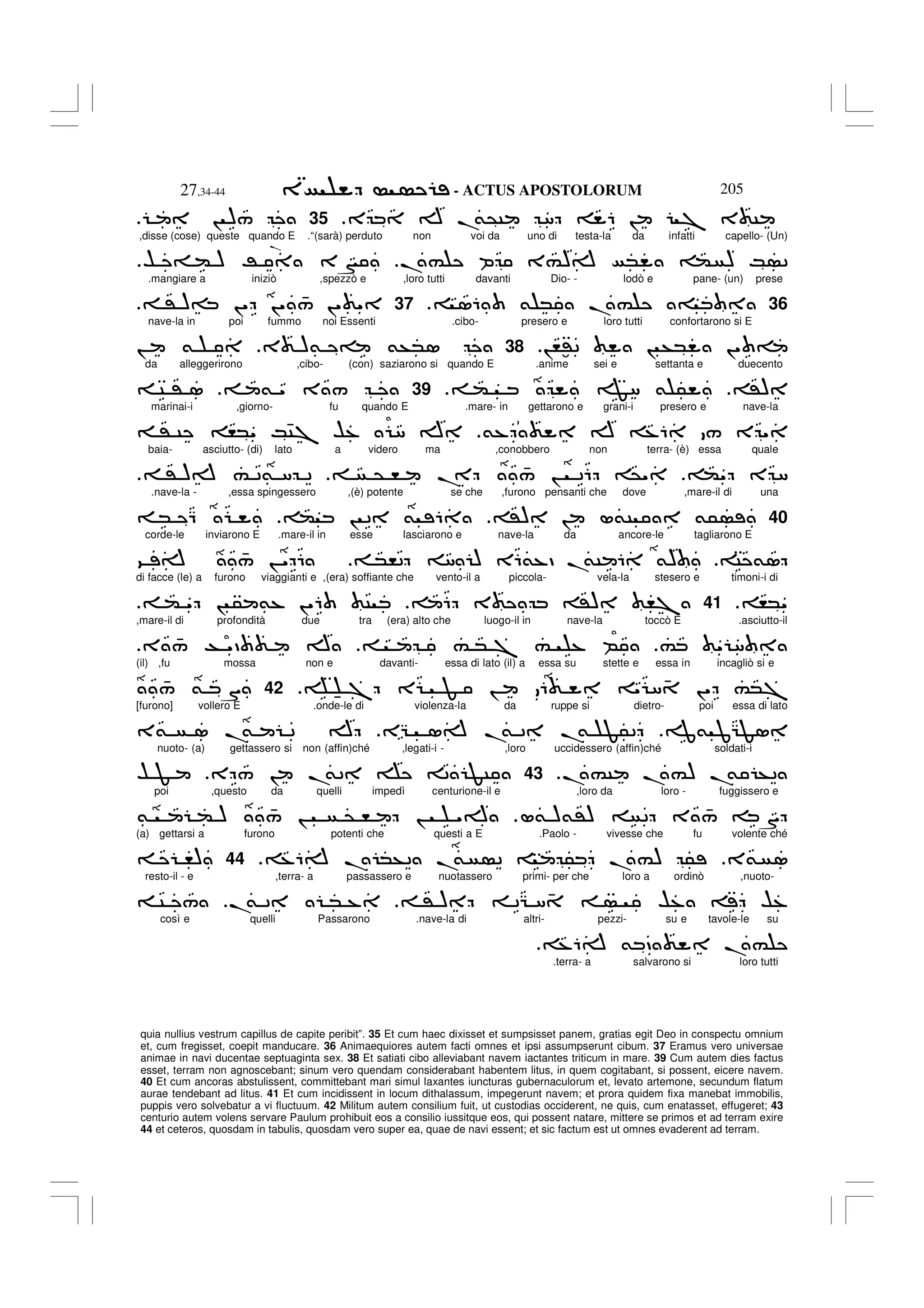 - ACTUS APOSTOLORUM
27,34-44 205
quia nullius vestrum capillus de capite peribit”. 35 Et cum haec dixisset et sumpsisset panem, gratias egit Deo in conspectu omnium
et, cum fregisset, coepit manducare. 36 Animaequiores autem facti omnes et ipsi assumpserunt cibum. 37 Eramus vero universae
animae in navi ducentae septuaginta sex. 38 Et satiati cibo alleviabant navem iactantes triticum in mare. 39 Cum autem dies factus
esset, terram non agnoscebant; sinum vero quendam considerabant habentem litus, in quem cogitabant, si possent, eicere navem.
40 Et cum ancoras abstulissent, committebant mari simul laxantes iuncturas gubernaculorum et, levato artemone, secundum flatum
aurae tendebant ad litus. 41 Et cum incidissent in locum dithalassum, impegerunt navem; et prora quidem fixa manebat immobilis,
puppis vero solvebatur a vi fluctuum. 42 Militum autem consilium fuit, ut custodias occiderent, ne quis, cum enatasset, effugeret; 43
centurio autem volens servare Paulum prohibuit eos a consilio iussitque eos, qui possent natare, mittere se primos et ad terram exire
44 et ceteros, quosdam in tabulis, quosdam vero super ea, quae de navi essent; et sic factum est ut omnes evaderent ad terram.
E A .
&@C 8 6 ! 7 3 C
.
35
! )/
,disse (cose) queste quando E .“(sarà) perduto non voi da uno di testa-la da infatti capello- (Un)
.# P 3#)A * ( ) K 2
$ = ( ) R 3N
.
.mangiare a iniziò ,spezzò e ,loro tutti davanti Dio- - lodò e pane- (un) prese
36
16 & * .# =
.
37
' )= !" !" 4
/ !" "
nave-la in poi fummo noi Essenti .cibo- presero e loro tutti confortarono si E
!,:'2 ! +* !" =
38
3 )& = &+*1
! &
da alleggerirono ,cibo- (con) saziarono si quando E .anime sei e settanta e duecento
')
( F8 & 5
.
39
& " 3 /
C ' 1
marinai-i ,giorno- fu quando E .mare- in gettarono e grani-i presero e nave-la
&% A %6 / E "
' C ,*" K4C7 $% 8 A
baia- asciutto- (di) lato a videro ma ,conobbero non terra- (è) essa quale
(" E 8
@ , . 4
/ ! 26 @"
' )A # 2& 8 2
.
.nave-la - ,essa spingessero ,(è) potente se che ,furono pensanti che dove ,mare-il di una
40
') ! L&C &5
( ! 2 & 6
* Q
corde-le inviarono E .mare-il in esse lasciarono e nave-la da ancore-le tagliarono E
C &1
*,2 8 ) E6&%D .
&C 6 &)
9 A 4
/ ! " 6
di facce (le) a furono viaggianti e ,(era) soffiante che vento-il a piccola- vela-la stesero e timoni-i di
,*"
.
41
6 3 ') ,7
( " ! 5 &% !"6 C
,mare-il di profondità due tra (era) alto che luogo-il in nave-la toccò E .asciutto-il
# " 8
# * 7 # % B
3 4
/ T "D A
(il) ,fu mossa non e davanti- essa di lato (il) a essa su stette e essa in incagliò si e
U 7 E F ! 6 " 8 4 !" #*7
42
4
/ & S
[furono] vollero E .onde-le di violenza-la da ruppe si dietro- poi essa di lato
J& JGF1
EG 1A .
& 2 .
& F52
3& 1 .
& 2 A
nuoto- (a) gettassero si non (affin)ché ,legati-i - ,loro uccidessero (affin)ché soldati-i
.#C .#) .
& +2
.
43
E / ! .
&2 2 FC
$ F
poi ,questo da quelli impedì centurione-il e ,loro da loro - fuggissero e
L& )&') 2 3 4
/ S
& ( ) 4
/ ! @ , ! "A
(a) gettarsi a furono potenti che questi a E .Paolo - vivesse che fu volente ché
3& 1
%6A . *+2 .
& 2 5 .#) 5
.
44
,)
resto-il - e ,terra- a passassero e nuotassero primi- per che loro a ordinò ,nuoto-
' ) 2G 8 4 $% $%
.
& 2 * %
C /
così e quelli Passarono .nave-la di altri- pezzi- su e tavole-le su
%6A & D .#
.terra- a salvarono si loro tutti
.
 