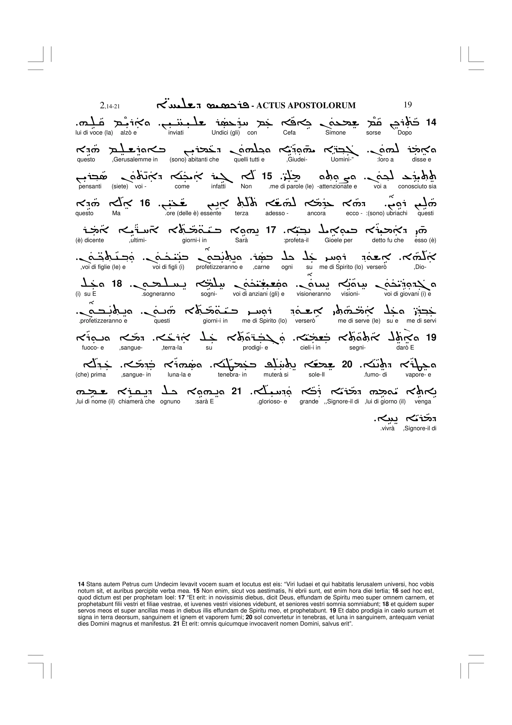 - ACTUS APOSTOLORUM
2,14-21 19
14 Stans autem Petrus cum Undecim levavit vocem suam et locutus est eis: “Viri Iudaei et qui habitatis Ierusalem universi, hoc vobis
notum sit, et auribus percipite verba mea. 15 Non enim, sicut vos aestimatis, hi ebrii sunt, est enim hora diei tertia; 16 sed hoc est,
quod dictum est per prophetam Ioel: 17 “Et erit: in novissimis diebus, dicit Deus, effundam de Spiritu meo super omnem carnem, et
prophetabunt filii vestri et filiae vestrae, et iuvenes vestri visiones videbunt, et seniores vestri somnia somniabunt; 18 et quidem super
servos meos et super ancillas meas in diebus illis effundam de Spiritu meo, et prophetabunt. 19 Et dabo prodigia in caelo sursum et
signa in terra deorsum, sanguinem et ignem et vaporem fumi; 20 sol convertetur in tenebras, et luna in sanguinem, antequam veniat
dies Domini magnus et manifestus. 21 Et erit: omnis quicumque invocaverit nomen Domini, salvus erit”.
14
! % 8 B% = .
&+( B ! 6
# B "6
lui di voce (la) alzò e inviati Undici (gli) con Cefa Simone sorse Dopo
.#)
E / B 6 = ! " (% .# " 4
#" EG*7
questo ,Gerusalemme in (sono) abitanti che quelli tutti e ,Giudei- Uomini-” :loro a disse e
.
&@) - "
9 S
15
! " *1 . 42 C@" 7 A
pensanti (siete) voi - come infatti Non .me di parole (le) -attenzionate e voi a conosciuto sia
!" 6 ! )/
! + ! 2 ) #) % 3/
16
E / A
questo Ma .ore (delle è) essente terza adesso - ancora ecco - :(sono) ubriachi questi
*2 $" & E 4
/
.
17
"G 8 4 3 & 3 #2
(è) dicente ,ultimi- giorni-i in Sarà :profeta-il Gioele per detto fu che esso (è)
3#)
$ $% 98 6 &
.
& @ C .
&*2 2
.
& C
,voi di figlie (le) e voi di figli (i) profetizzeranno e ,carne ogni su me di Spirito (lo) verserò ,Dio-
.? 2 2 ?8 .
&@" 7
.
& ( 2 ( 8 .
&@ , ,
.
18
$ %
(i) su E .sogneranno sogni- voi di anziani (gli) e visioneranno visioni- voi di giovani (i) e
.
& 2/ 3 & 9 8 6 & # $% *%
.
& * 2 2
.
.profetizzeranno e questi giorni-i in me di Spirito (lo) verserò me di serve (le) su e me di servi
19
(, 3 H
%6 $ % 3 G *7
E6& 2
fuoco- e ,sangue- ,terra-la su prodigi- e cieli-i in segni- darò E
C2 E F%
.
20
CF(+ R 8 2 ,(
E6#1
A %
(che) prima ,sangue- in luna-la e tenebra- in muterà si sole-Il .fumo- di vapore- e
8 6 " # &" 3 =2
21
# ( E 5 2 $ 3 # 2
,lui di nome (il) chiamerà che ognuno :sarà E .glorioso- e grande ,,Signore-il di ,lui di giorno (il) venga
2 "
.vivrà ,Signore-il di
.
 