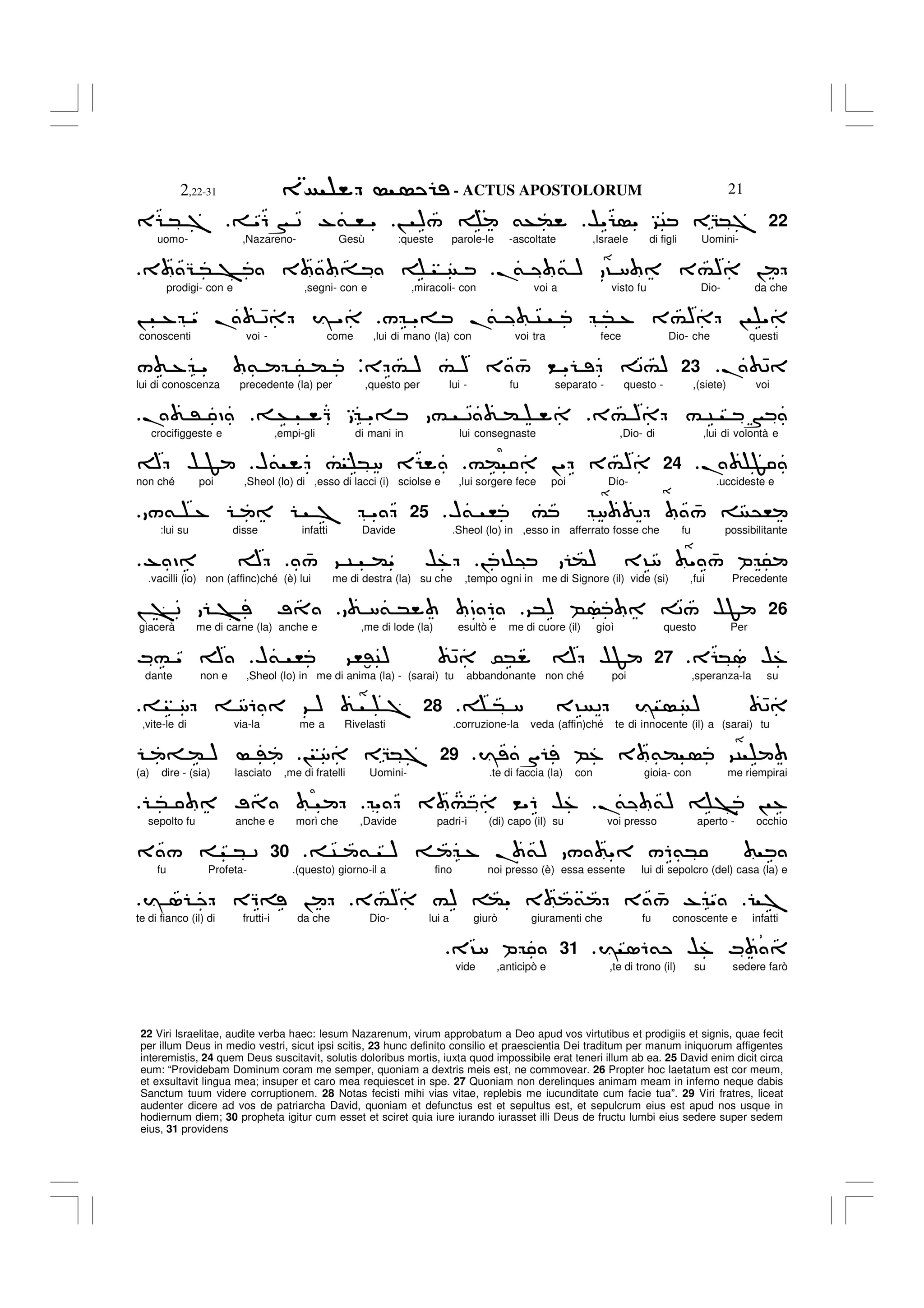 - ACTUS APOSTOLORUM
2,22-31 21
22 Viri Israelitae, audite verba haec: Iesum Nazarenum, virum approbatum a Deo apud vos virtutibus et prodigiis et signis, quae fecit
per illum Deus in medio vestri, sicut ipsi scitis, 23 hunc definito consilio et praescientia Dei traditum per manum iniquorum affigentes
interemistis, 24 quem Deus suscitavit, solutis doloribus mortis, iuxta quod impossibile erat teneri illum ab ea. 25 David enim dicit circa
eum: “Providebam Dominum coram me semper, quoniam a dextris meis est, ne commovear. 26 Propter hoc laetatum est cor meum,
et exsultavit lingua mea; insuper et caro mea requiescet in spe. 27 Quoniam non derelinques animam meam in inferno neque dabis
Sanctum tuum videre corruptionem. 28 Notas fecisti mihi vias vitae, replebis me iucunditate cum facie tua”. 29 Viri fratres, liceat
audenter dicere ad vos de patriarcha David, quoniam et defunctus est et sepultus est, et sepulcrum eius est apud nos usque in
hodiernum diem; 30 propheta igitur cum esset et sciret quia iure iurando iurasset illi Deus de fructu lumbi eius sedere super sedem
eius, 31 providens
22
$" " 9C EG*7
! )/ &+(
"6N 2 -& , "
E * 7
uomo- ,Nazareno- Gesù :queste parole-le -ascoltate ,Israele di figli Uomini-
.
& & ) ? 8 3#) !
3 G * > 3 =
prodigi- con e ,segni- con e ,miracoli- con voi a visto fu Dio- da che
/ "= .
& C * % 3#) ! "
! % " . 42 I "
conoscenti voi - come ,lui di mano (la) con voi tra fece Dio- che questi
. 42
23
E # ) # ) 3 4
/ < " 2#)
V
/ % " & 5 (
lui di conoscenza precedente (la) per ,questo per lui - fu separato - questo - ,(siete) voi
3# ) # C N
+ Q "= # 2 (
. ' D
crocifiggeste e ,empi-gli di mani in lui consegnaste ,Dio- di ,lui di volontà e
. F
.
24
#( !" 3#)
H& # *8 E
A $ F
non ché poi ,Sheol (lo) di ,esso di lacci (i) sciolse e ,lui sorgere fece poi Dio- .uccideste e
H& , # 8 2 4
/ @,
.
25
/& % 7 "
:lui su disse infatti Davide .Sheol (lo) in ,esso in afferrato fosse che fu possibilitante
! ? @ () 3?8 " 4
/ P 5
4
/ 9 C (" $%
- D A
.
.vacilli (io) non (affinc)ché (è) lui me di destra (la) su che ,tempo ogni in me di Signore (il) vide (si) ,fui Precedente
26
9*) B 2/ $F
8& * D 6
! W
> 2 > ;
giacerà me di carne (la) anche e ,me di lode (la) esultò e me di cuore (il) gioì questo Per
E *1 $%
.
27
H& , 9,:'C) 42 0* A $F
M# " A
dante non e ,Sheol (lo) in me di anima (la) - (sarai) tu abbandonante non ché poi ,speranza-la su
* 8 3? 2 I ) 42
.
28
8 86 9 ) W
7
,vite-le di via-la me a Rivelasti .corruzione-la veda (affin)ché te di innocente (il) a (sarai) tu
I S B% 3 &( 9C
.
29
! 8 EG*7
= ( ) '
(a) dire - (sia) lasciato ,me di fratelli Uomini- .te di faccia (la) con gioia- con me riempirai
.
& &) > ! %
" 3 # <"6 $%
* ;
sepolto fu anche e morì che ,Davide padri-i (di) capo (il) su voi presso aperto - occhio
C & ) % . &) / " /6&*
.
30
3 / * 2
fu Profeta- .(questo) giorno-il a fino noi presso (è) essa essente lui di sepolcro (del) casa (la) e
7
3#) #) (" 3 & 3 4
/ - "
I 1 EQ= !
te di fianco (il) di frutti-i da che Dio- lui a giurò giuramenti che fu conoscente e infatti
I 16& $% M
.
31
3?8 P
vide ,anticipò e ,te di trono (il) su sedere farò
 