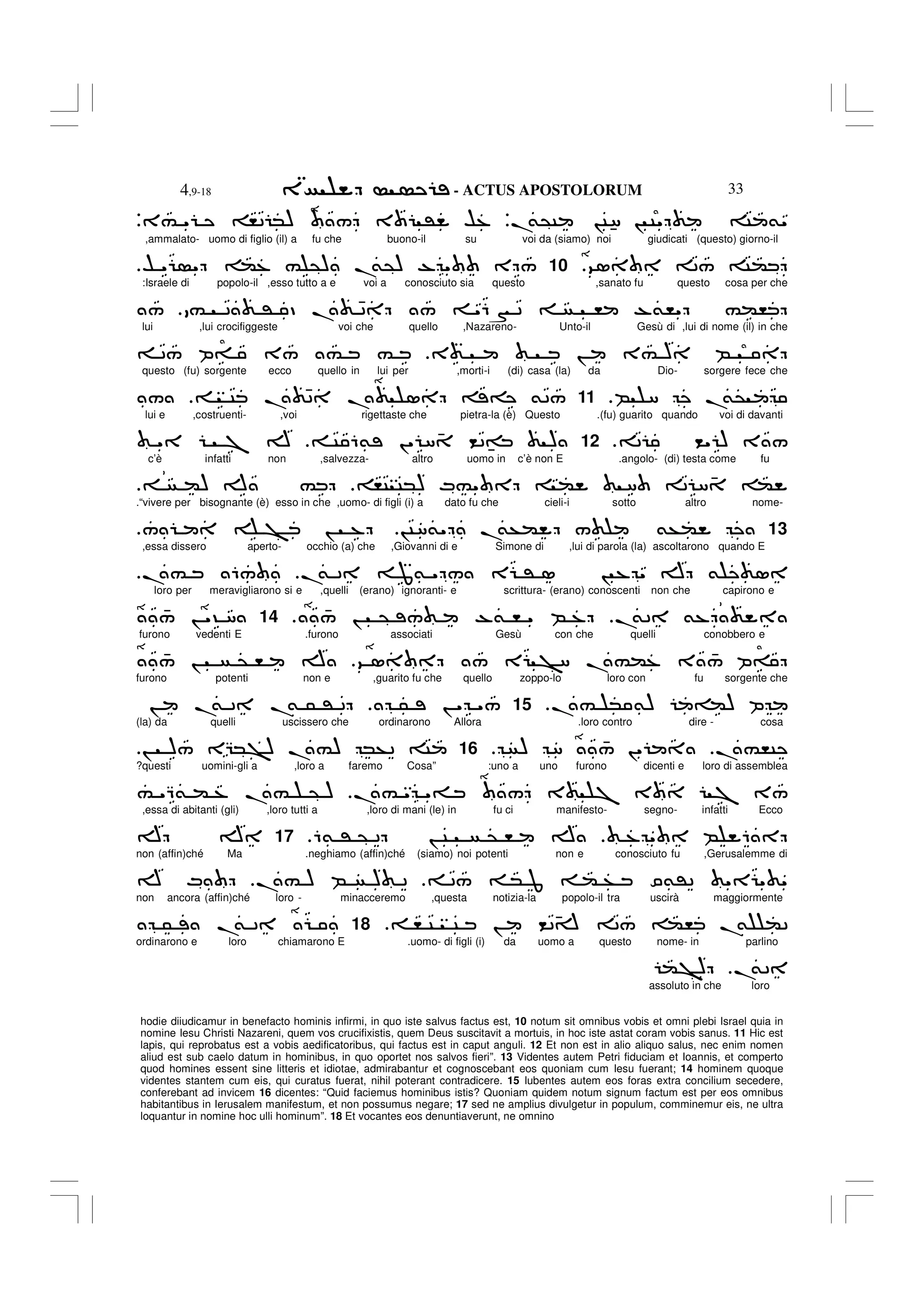 - ACTUS APOSTOLORUM
4,9-18 33
hodie diiudicamur in benefacto hominis infirmi, in quo iste salvus factus est, 10 notum sit omnibus vobis et omni plebi Israel quia in
nomine Iesu Christi Nazareni, quem vos crucifixistis, quem Deus suscitavit a mortuis, in hoc iste astat coram vobis sanus. 11 Hic est
lapis, qui reprobatus est a vobis aedificatoribus, qui factus est in caput anguli. 12 Et non est in alio aliquo salus, nec enim nomen
aliud est sub caelo datum in hominibus, in quo oportet nos salvos fieri”. 13 Videntes autem Petri fiduciam et Ioannis, et comperto
quod homines essent sine litteris et idiotae, admirabantur et cognoscebant eos quoniam cum Iesu fuerant; 14 hominem quoque
videntes stantem cum eis, qui curatus fuerat, nihil poterant contradicere. 15 Iubentes autem eos foras extra concilium secedere,
conferebant ad invicem 16 dicentes: “Quid faciemus hominibus istis? Quoniam quidem notum signum factum est per eos omnibus
habitantibus in Ierusalem manifestum, et non possumus negare; 17 sed ne amplius divulgetur in populum, comminemur eis, ne ultra
loquantur in nomine hoc ulli hominum”. 18 Et vocantes eos denuntiaverunt, ne omnino
.
&@C !CU8 ! C" C &"
V
3# " ,2 *) / 3 ' $%
V
,ammalato- uomo di figlio (il) a fu che buono-il su voi da (siamo) noi giudicati (questo) giorno-il
91 2/ C(
10
$ " " (% # @) .
&@) - " E /
:Israele di popolo-il ,esso tutto a e voi a conosciuto sia questo ,sanato fu questo cosa per che
# 2 ' D . 42 / "6N 2 , -&," #(,
/
lui ,lui crocifiggeste voi che quello ,Nazareno- Unto-il Gesù di ,lui di nome (il) in che
3 ! 3# ) B
2/ P= 3/ # #
questo (fu) sorgente ecco quello in lui per ,morti-i (di) casa (la) da Dio- sorgere fece che
B 8 .
&@
.
11
C . 42 . 1 = &2/
/
lui e ,costruenti- ,voi rigettaste che pietra-la (è) Questo .(fu) guarito quando voi di davanti
2 <" ) 3 /
.
12
C 6& !" 8 4 <2 U= )
" 7 A
c’è infatti non ,salvezza- altro uomo in c’è non E .angolo- (di) testa come fu
,C C*) M#" ( 8 2 8 4 (
() A #
.“vivere per bisognante (è) esso in che ,uomo- di figli (i) a dato fu che cieli-i sotto altro nome-
13
!C8&" .
&+( / &+(
/ > ! %
,essa dissero aperto- occhio (a) che ,Giovanni di e Simone di ,lui di parola (la) ascoltarono quando E
.
& 2 J& " / E ' 1 ! % " A & 1
.# 6/
loro per meravigliarono si e ,quelli (erano) ignoranti- e scrittura- (erano) conoscenti non che capirono e
.
&2 &%
4
/ ! @ / -& , " B %
.
14
4
/ ! "? 8
furono vedenti E .furono associati Gesù con che quelli conobbero e
9 1 / E >8 .#(% 3 4
/ P=
4
/ ! @ , A
furono potenti non e ,guarito fu che quello zoppo-lo loro con fu sorgente che
.# * &) =() P
.
15
5 ! " "/
! .
& 2 .
& 5 ' 2
(la) da quelli uscissero che ordinarono Allora .loro contro dire - cosa
.#,C
) 8 4
/ !"
16
! )/ EG*>) .#) *+2 C
?questi uomini-gli a ,loro a faremo Cosa” :uno a uno furono dicenti e loro di assemblea
.# " "= / 3 7 3 7 3/
# "Q& ( % .# @ )
,essa di abitanti (gli) ,loro tutti a ,loro di mani (le) in fu ci manifesto- segno- infatti Ecco
% " B 6
6& ' @ 2 ! C @ , A
.
17
A A
non (affin)ché Ma .neghiamo (affin)ché (siamo) noi potenti non e conosciuto fu ,Gerusalemme di
2/ * J ( + O&'2 " " "
.# ) B ) 2
A M
non ancora (affin)ché loro - minacceremo ,questa notizia-la popolo-il tra uscirà maggiormente
, C C ! <24A 2/ (, .
& (2
18
5 .
& 2
ordinarono e loro chiamarono E .uomo- di figli (i) da uomo a questo nome- in parlino
.
&2
(>)
assoluto in che loro
 