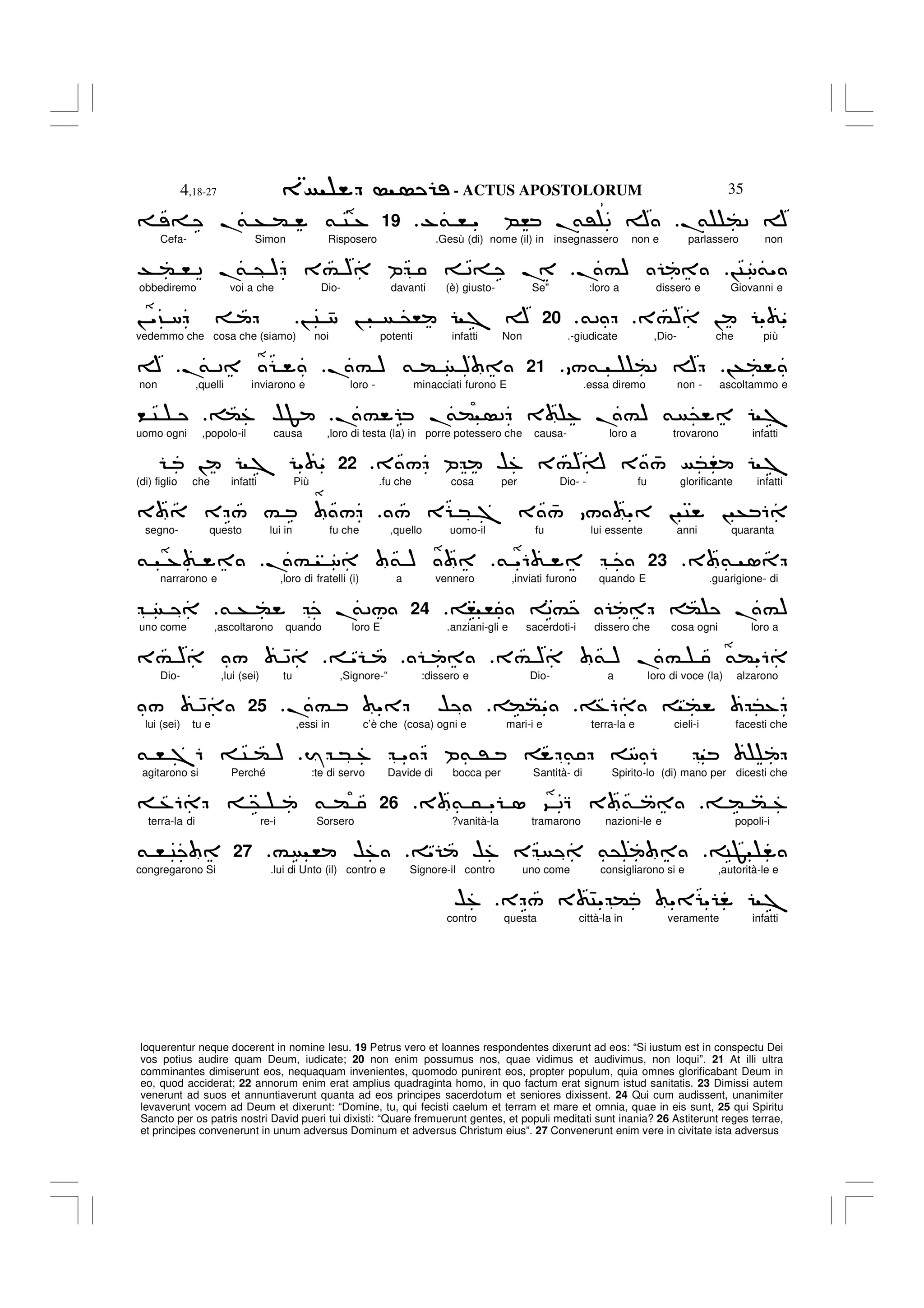 - ACTUS APOSTOLORUM
4,18-27 35
loquerentur neque docerent in nomine Iesu. 19 Petrus vero et Ioannes respondentes dixerunt ad eos: “Si iustum est in conspectu Dei
vos potius audire quam Deum, iudicate; 20 non enim possumus nos, quae vidimus et audivimus, non loqui”. 21 At illi ultra
comminantes dimiserunt eos, nequaquam invenientes, quomodo punirent eos, propter populum, quia omnes glorificabant Deum in
eo, quod acciderat; 22 annorum enim erat amplius quadraginta homo, in quo factum erat signum istud sanitatis. 23 Dimissi autem
venerunt ad suos et annuntiaverunt quanta ad eos principes sacerdotum et seniores dixissent. 24 Qui cum audissent, unanimiter
levaverunt vocem ad Deum et dixerunt: “Domine, tu, qui fecisti caelum et terram et mare et omnia, quae in eis sunt, 25 qui Spiritu
Sancto per os patris nostri David pueri tui dixisti: “Quare fremuerunt gentes, et populi meditati sunt inania? 26 Astiterunt reges terrae,
et principes convenerunt in unum adversus Dominum et adversus Christum eius”. 27 Convenerunt enim vere in civitate ista adversus
.
& (2 A
-& , " B, .
&' 2 A
.
19
= .
& + ( & C %
Cefa- Simon Risposero .Gesù (di) nome (il) in insegnassero non e parlassero non
!C8&"
.#)
T ( , 2 .
& @ ) 3# ) P 2= .
obbediremo voi a che Dio- davanti (è) giusto- Se” :loro a dissero e Giovanni e
3#) ! " "
&2
.
20
! C 48 ! @, 7 A
! "? 8
vedemmo che cosa che (siamo) noi potenti infatti Non .-giudicate ,Dio- che più
!+(
/& (2 A
21
.# ) & ( )
.
& 2
A
non ,quelli inviarono e loro - minacciati furono E .essa diremo non - ascoltammo e
.# .
&( 2 3 % .#) & @ 7
(% $F
< C
uomo ogni ,popolo-il causa ,loro di testa (la) in porre potessero che causa- loro a trovarono infatti
3 / P $% 3#)A 3 4
/ *, 7
.
22
! 7 " "
(di) figlio che infatti Più .fu che cosa per Dio- - fu glorificante infatti
/ E * 7 3 4
/ / " ! C ! + 6
3 E / # /
segno- questo lui in fu che ,quello uomo-il fu lui essente anni quaranta
3 & 1
.
23
& "6
.# 8 & )
& %
narrarono e ,loro di fratelli (i) a vennero ,inviati furono quando E .guarigione- di
, , 2# ( .#)
24
& + ( .
&2/
uno come ,ascoltarono quando loro E .anziani-gli e sacerdoti-i dissero che cosa ogni loro a
3# ) & ) .# &("6
"
3# ) / 42
Dio- ,lui (sei) tu ,Signore-” :dissero e Dio- a loro di voce (la) alzarono
%6 ( *%
(("
.# " $
.
25
/ 42
lui (sei) tu e ,essi in c’è che (cosa) ogni e mari-i e terra-la e cieli-i facesti che
Y * % " P& ' & 8 6
& , 76 C ( )
agitarono si Perché :te di servo Davide di bocca per Santità- di Spirito-lo (di) mano per dicesti che
( ( %
3 & 5 " 1 9 2Q 3 &
26
%6 @ & (
terra-la di re-i Sorsero ?vanità-la tramarono nazioni-le e popoli-i
CF
" $% E &@
# , $%
27
& , C
congregarono Si .lui di Unto (il) contro e Signore-il contro uno come consigliarono si e ,autorità-le e
E / 3 4C" ( " " 7
$%
contro questa città-la in veramente infatti
 