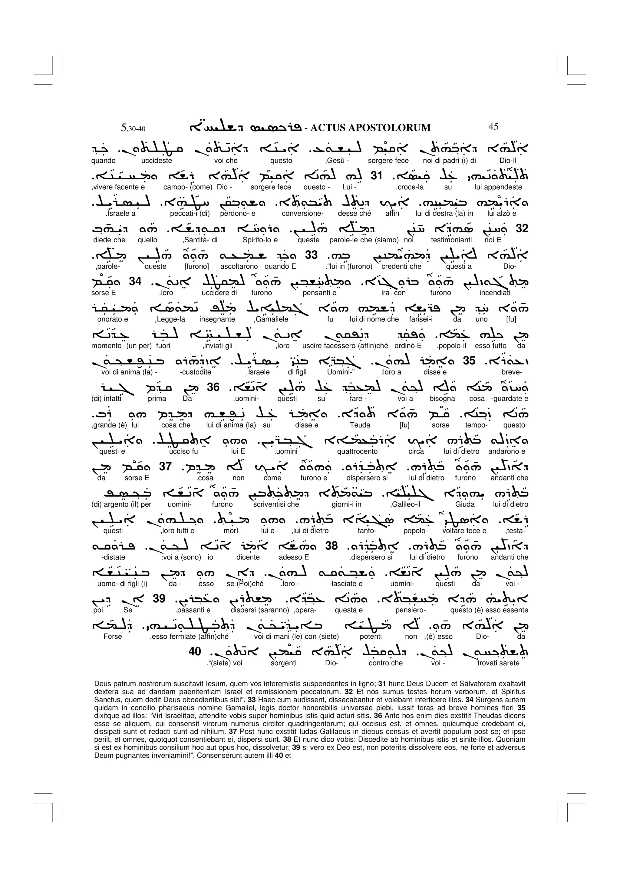 - ACTUS APOSTOLORUM
5,30-40 45
Deus patrum nostrorum suscitavit Iesum, quem vos interemistis suspendentes in ligno; 31 hunc Deus Ducem et Salvatorem exaltavit
dextera sua ad dandam paenitentiam Israel et remissionem peccatorum. 32 Et nos sumus testes horum verborum, et Spiritus
Sanctus, quem dedit Deus oboedientibus sibi”. 33 Haec cum audissent, dissecabantur et volebant interficere illos. 34 Surgens autem
quidam in concilio pharisaeus nomine Gamaliel, legis doctor honorabilis universae plebi, iussit foras ad breve homines fieri 35
dixitque ad illos: “Viri Israelitae, attendite vobis super hominibus istis quid acturi sitis. 36 Ante hos enim dies exstitit Theudas dicens
esse se aliquem, cui consensit virorum numerus circiter quadringentorum; qui occisus est, et omnes, quicumque credebant ei,
dissipati sunt et redacti sunt ad nihilum. 37 Post hunc exstitit Iudas Galilaeus in diebus census et avertit populum post se; et ipse
periit, et omnes, quotquot consentiebant ei, dispersi sunt. 38 Et nunc dico vobis: Discedite ab hominibus istis et sinite illos. Quoniam
si est ex hominibus consilium hoc aut opus hoc, dissolvetur; 39 si vero ex Deo est, non poteritis dissolvere eos, ne forte et adversus
Deum pugnantes inveniamini!”. Consenserunt autem illi 40 et
-& , ) B . # 3#)
. F . 42 C "
quando uccideste voi che questo ,Gesù - sorgere fece noi di padri (i) di Dio-Il
$% # 2 )
.
31
C 6 3#) B 2#) #)
,vivere facente e campo- (come) Dio - sorgere fece questo - Lui - .croce-la su lui appendeste
#C ( #("6
3 &*" H 2 I"
3# F8 !5 &
$ " )
.Israele a peccati-i (di) perdono- e conversione- desse ché affin lui di destra (la) in lui alzò e
32
! )/ !C48 E #1 !C8
& 8 6
M 4
# " /
diede che quello ,Santità- di Spirito-lo e queste parole-le che (siamo) noi testimonianti noi E
# ! C("# ! "A 3#)
33
! )/ 4
/ & + (
,parole- queste [furono] ascoltarono quando E .“lui in (furono) credenti che questi a Dio-
3?7 4
/ ! )D&7
.
&2 $F5() 4
/ ! *,8
.
34
B
sorse E .loro uccidere di furono pensanti e ira- con furono incendiati
5 1&(2 R $"= (7 3 / #( ,"G ! 8 3 4
/
onorato e ,Legge-la insegnante ,Gamaliele fu lui di nome che farisei-i da uno [fu]
(% # !
2 % * ) , ) .
& 2 .
&5'2 5
momento- (un per) fuori ,inviati-gli - ,loro uscire facessero (affin)ché ordinò E .popolo-il esso tutto da
E6&%D
.
35
.#)
$ " " 9C EG*7
.
& @ , :' C 6 4
/ D
voi di anima (la) - -custodite ,Israele di figli Uomini-” :loro a disse e breve-
,2 4 ! )/ $% *+() .
&@) A C ?8
.
36
7 P !
(di) infatti prima Da .uomini- questi su fare - voi a bisogna cosa -guardate e
C D 2/
E 3 4
/ B
M6 / P # , :' 2 $ %
,grande (è) lui cosa che lui di anima (la) su disse e Teuda [fu] sorse tempo- questo
! "G * 7 3= (+ 6 I" /6 &)D
$ F /
! "
questi e ucciso fu lui E .uomini quattrocento circa lui di dietro andarono e
/6 4
/ !
4
)D
6
P A I " /
37
! B
da sorse E .cosa non come furono e dispersero si lui di dietro furono andanti che
7 E #" /6
R @ , 2 4 4
/ ! 3 &
(di) argento (il) per uomini- furono scriventisi che giorni-i in ,Galileo-il Giuda lui di dietro
6
/6 3= >1 (% 9F1
/
! " .#
questi ,loro tutti e morì lui e ,lui di dietro tanto- popolo- voltare fece e ,testa-
/6 4
/ !
4
)D
6
.
38
.
& @ ) 2 4 /
&
-distate :voi a (sono) io dicente adesso E .dispersero si lui di dietro furono andanti che
,2 4 ! )/ ! .
&@)
.# ) & & *
, C C ! / .
uomo- di figli (i) da - esso se (Poi)ché .loro - -lasciate e uomini- questi da voi -
3 *, E / #" "
E *% 2/
!" *% !"6 ,
39
! " .
poi Se .passanti e dispersi (saranno) ,opera- questa e pensiero- questo (è) esso essente
4
/ 3#) !
# 2& F .
& @ " "= F A
( )
Forse .esso fermiate (affin)ché voi di mani (le) con (siete) potenti non ,(è) esso Dio- da
.
&@) .
&
. 42 ! ( 3#) $* &)
.
40
.“(siete) voi sorgenti Dio- contro che voi - trovati sarete
 