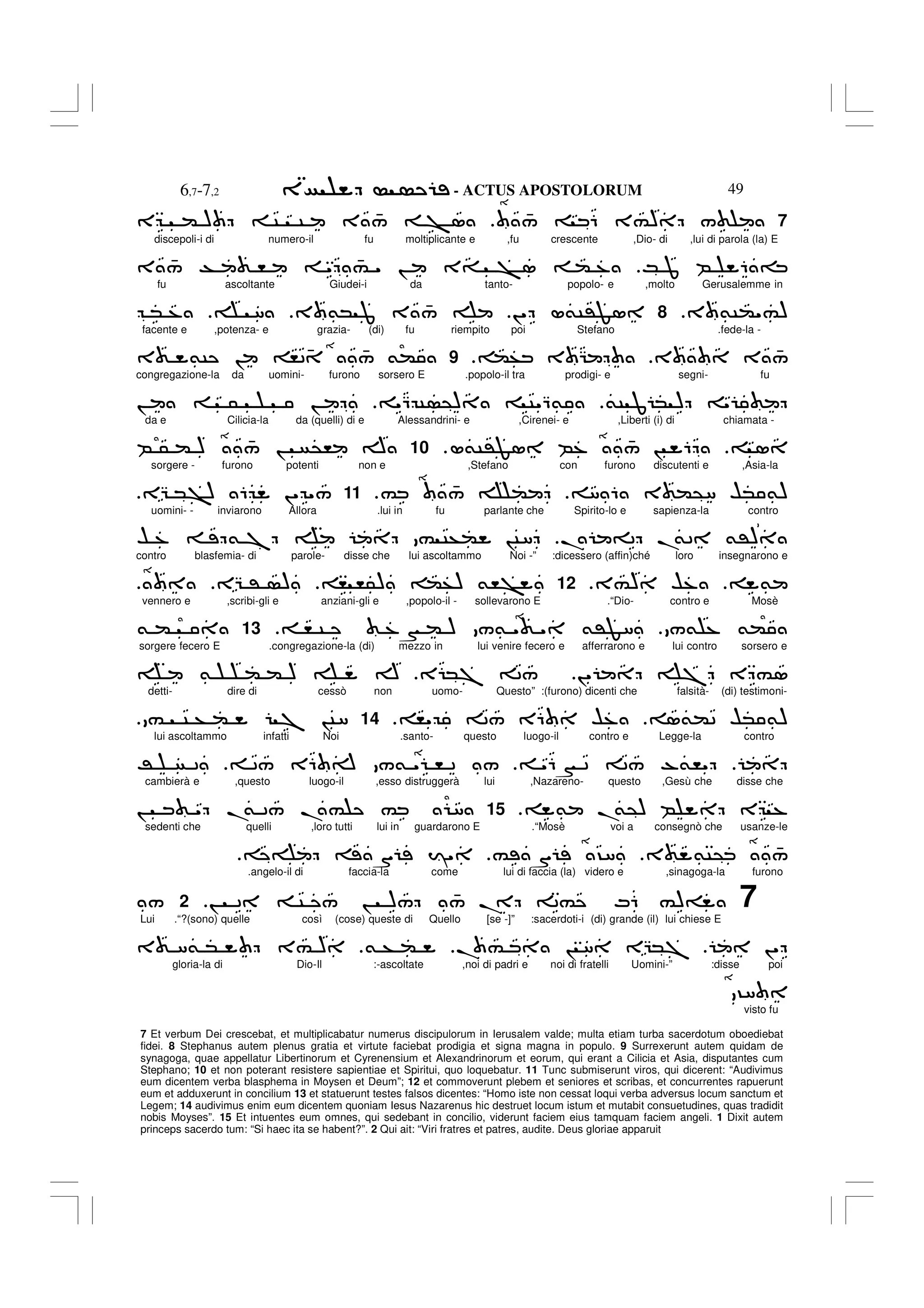 - ACTUS APOSTOLORUM
6,7-7,2 49
7 Et verbum Dei crescebat, et multiplicabatur numerus discipulorum in Ierusalem valde; multa etiam turba sacerdotum oboediebat
fidei. 8 Stephanus autem plenus gratia et virtute faciebat prodigia et signa magna in populo. 9 Surrexerunt autem quidam de
synagoga, quae appellatur Libertinorum et Cyrenensium et Alexandrinorum et eorum, qui erant a Cilicia et Asia, disputantes cum
Stephano; 10 et non poterant resistere sapientiae et Spiritui, quo loquebatur. 11 Tunc submiserunt viros, qui dicerent: “Audivimus
eum dicentem verba blasphema in Moysen et Deum”; 12 et commoverunt plebem et seniores et scribas, et concurrentes rapuerunt
eum et adduxerunt in concilium 13 et statuerunt testes falsos dicentes: “Homo iste non cessat loqui verba adversus locum sanctum et
Legem; 14 audivimus enim eum dicentem quoniam Iesus Nazarenus hic destruet locum istum et mutabit consuetudines, quas tradidit
nobis Moyses”. 15 Et intuentes eum omnes, qui sedebant in concilio, viderunt faciem eius tamquam faciem angeli. 1 Dixit autem
princeps sacerdo tum: “Si haec ita se habent?”. 2 Qui ait: “Viri fratres et patres, audite. Deus gloriae apparuit
7
4
/ 6 3#) /
E ( ) C C 3 4
/ > 1
discepoli-i di numero-il fu moltiplicante e ,fu crescente ,Dio- di ,lui di parola (la) E
K J B 6 =
3 4
/ T , " 4
# " ! 3= > 1 ( %
fu ascoltante Giudei-i da tanto- popolo- e ,molto Gerusalemme in
3 &C("#)
8
!" L&C'F1
3 &* J 3 4
/
8
* %
facente e ,potenza- e grazia- (di) fu riempito poi Stefano .fede-la -
3 3 4
/
(+ 3 G
.
9
3 &C ! ,24 4
/ &(
congregazione-la da uomini- furono sorsero E .popolo-il tra prodigi- e segni- fu
&C J * ) "
"Q C @) C"Q&
! 5 !
da e Cilicia-la da (quelli) di e Alessandrini- e ,Cirenei- e ,Liberti (i) di chiamata -
1
L&C'F1 B% 4
/ ! 6
10
B 5 ( ) 4
/ ! @, A
sorgere - furono potenti non e ,Stefano con furono discutenti e ,Asia-la
8 6 3 (@8 $* &)
# 4
/ (
.
11
EG *>) 6 !" "/
uomini- - inviarono Allora .lui in fu parlante che Spirito-lo e sapienza-la contro
. =2 .
&2 &')
$ % & 7 # C+( !C8
contro blasfemia- di parole- disse che lui ascoltammo Noi -” :dicessero (affin)ché loro insegnarono e
&
3#) $%
.
12
, ,5) (+) &,>
EG ' )
vennero e ,scribi-gli e anziani-gli e ,popolo-il - sollevarono E .“Dio- contro e Mosè
/& % &(
, C %N ( ) /& " " &'F8
13
& (
sorgere fecero E .congregazione-la (di) mezzo in lui venire fecero e afferrarono e lui contro sorsero e
!" 7 E #1
E *7 2/
& ( ( ) A
detti- dire di cessò non uomo- Questo” :(furono) dicenti che falsità- (di) testimoni-
1&(2 $* &)
," 2/ E6 $%
.
14
# C + ( 7 !C8
lui ascoltammo infatti Noi .santo- questo luogo-il contro e Legge-la contro
"6N 2 2/ -&,"
2/ E6 A /& " , 2 /
R 2
cambierà e ,questo luogo-il ,esso distruggerà lui ,Nazareno- questo ,Gesù che disse che
& .
&@) B E %
.
15
! " .
& 2/ .# # 8
sedenti che quelli ,loro tutti lui in guardarono E .“Mosè voi a consegnò che usanze-le
3 &C@ 4
/
# S ?8
S I"
.angelo-il di faccia-la come lui di faccia (la) videro e ,sinagoga-la furono
7
! 2 C / ! )/ 4
/ . 2# M6 #)=
2
/
Lui .“?(sono) quelle così (cose) queste di Quello [se -]” :sacerdoti-i (di) grande (il) lui chiese E
!"
. # ! 8 EG*7
& + (
3 8& * 3# )
gloria-la di Dio-Il :-ascoltate ,noi di padri e noi di fratelli Uomini-” :disse poi
?8
visto fu
 