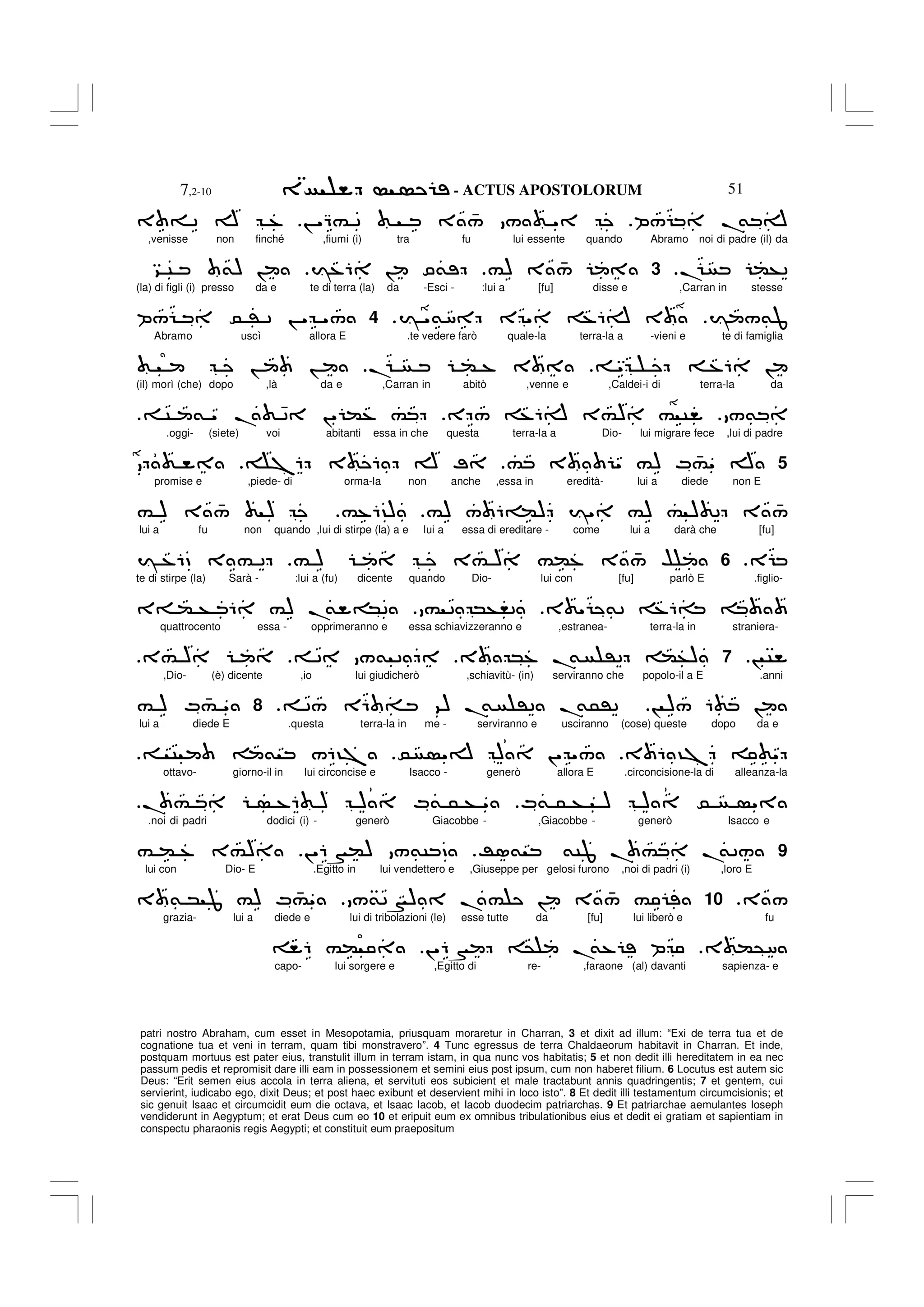 - ACTUS APOSTOLORUM
7,2-10 51
patri nostro Abraham, cum esset in Mesopotamia, priusquam moraretur in Charran, 3 et dixit ad illum: “Exi de terra tua et de
cognatione tua et veni in terram, quam tibi monstravero”. 4 Tunc egressus de terra Chaldaeorum habitavit in Charran. Et inde,
postquam mortuus est pater eius, transtulit illum in terram istam, in qua nunc vos habitatis; 5 et non dedit illi hereditatem in ea nec
passum pedis et repromisit dare illi eam in possessionem et semini eius post ipsum, cum non haberet filium. 6 Locutus est autem sic
Deus: “Erit semen eius accola in terra aliena, et servituti eos subicient et male tractabunt annis quadringentis; 7 et gentem, cui
servierint, iudicabo ego, dixit Deus; et post haec exibunt et deservient mihi in loco isto”. 8 Et dedit illi testamentum circumcisionis; et
sic genuit Isaac et circumcidit eum die octava, et Isaac Iacob, et Iacob duodecim patriarchas. 9 Et patriarchae aemulantes Ioseph
vendiderunt in Aegyptum; et erat Deus cum eo 10 et eripuit eum ex omnibus tribulationibus eius et dedit ei gratiam et sapientiam in
conspectu pharaonis regis Aegypti; et constituit eum praepositum
P/ .
& A
! "Q# 2 3 4
/ / "
3 = 2 A %
,venisse non finché ,fiumi (i) tra fu lui essente quando Abramo noi di padre (il) da
. (+2
.
3
#) 3 4
/
I%6 ! O&
9 C &) !
(la) di figli (i) presso da e te di terra (la) da -Esci - :lui a [fu] disse e ,Carran in stesse
I /&J
I "&8 E " %6A 3
.
4
P/ 0 ' 2 ! " "/
Abramo uscì allora E .te vedere farò quale-la terra-la a -vieni e te di famiglia
" %6 !
. ( % 3
! !
(il) morì (che) dopo ,là da e ,Carran in abitò ,venne e ,Caldei-i di terra-la da
/&
E / %6A 3#) # C
C & " . 42 !" (% #
.
.oggi- (siete) voi abitanti essa in che questa terra-la a Dio- lui migrare fece ,lui di padre
5
# 3 " #) M 4
#" A
76 3 6 A ;
promise e ,piede- di orma-la non anche ,essa in eredità- lui a diede non E
#) / 6=() I" #) # ) 2 3 4
/
#%6?)
# ) 3 4
/ )
lui a fu non quando ,lui di stirpe (la) a e lui a essa di ereditare - come lui a darà che [fu]
E
.
6
# ) 3# ) #(% 3 4
/ $
I %6D 3 # 2
te di stirpe (la) Sarà - :lui a (fu) dicente quando Dio- lui con [fu] parlò E .figlio-
3 " &2 %6=
# 2 *+,2
3= ( + 6 #) .
& =*2
quattrocento essa - opprimeranno e essa schiavizzeranno e ,estranea- terra-la in straniera-
! C
7
3 *% .
& '2 (+)
2 /& 2
3# )
,Dio- (è) dicente ,io lui giudicherò ,schiavitù- (in) serviranno che popolo-il a E .anni
! )/ 6 !
2/ E6 = 9) .
& '2 .
&5'2
.
8
# ) M 4
# "
lui a diede E .questa terra-la in me - serviranno e usciranno (cose) queste dopo da e
3 6 ?7 "
0 "A ) !" "/
C & /6?7
ottavo- giorno-il in lui circoncise e Isacco - generò allora E .circoncisione-la di alleanza-la
M& 5 + ) ) 0 "
. # %6 ) ) M& 5 + "
.noi di padri dodici (i) - generò Giacobbe - ,Giacobbe - generò Isacco e
9
R1& &CJ . # .
&2/
!"6N() /&C D
# ( % 3#)
lui con Dio- E .Egitto in lui vendettero e ,Giuseppe per gelosi furono ,noi di padri (i) ,loro E
3 /
.
10
/&2N) .# ! 3 4
/ #
3 & * J #) M 4
#"
grazia- lui a diede e lui di tribolazioni (le) esse tutte da [fu] lui liberò e fu
3 (@8
!"6N @ .
&% P
6 #(
capo- lui sorgere e ,Egitto di re- ,faraone (al) davanti sapienza- e
 
