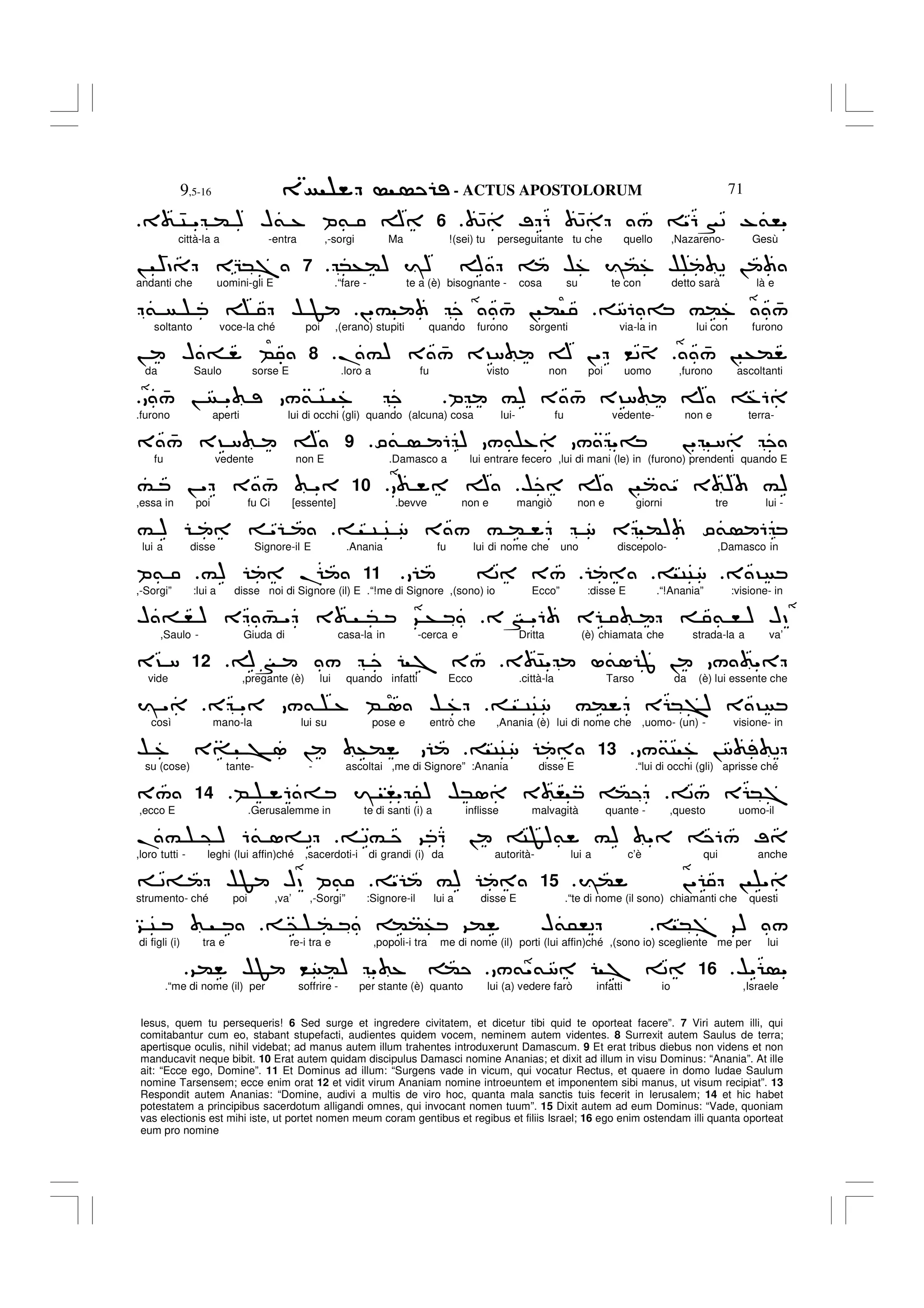 - ACTUS APOSTOLORUM
9,5-16 71
Iesus, quem tu persequeris! 6 Sed surge et ingredere civitatem, et dicetur tibi quid te oporteat facere”. 7 Viri autem illi, qui
comitabantur cum eo, stabant stupefacti, audientes quidem vocem, neminem autem videntes. 8 Surrexit autem Saulus de terra;
apertisque oculis, nihil videbat; ad manus autem illum trahentes introduxerunt Damascum. 9 Et erat tribus diebus non videns et non
manducavit neque bibit. 10 Erat autem quidam discipulus Damasci nomine Ananias; et dixit ad illum in visu Dominus: “Anania”. At ille
ait: “Ecce ego, Domine”. 11 Et Dominus ad illum: “Surgens vade in vicum, qui vocatur Rectus, et quaere in domo Iudae Saulum
nomine Tarsensem; ecce enim orat 12 et vidit virum Ananiam nomine introeuntem et imponentem sibi manus, ut visum recipiat”. 13
Respondit autem Ananias: “Domine, audivi a multis de viro hoc, quanta mala sanctis tuis fecerit in Ierusalem; 14 et hic habet
potestatem a principibus sacerdotum alligandi omnes, qui invocant nomen tuum”. 15 Dixit autem ad eum Dominus: “Vade, quoniam
vas electionis est mihi iste, ut portet nomen meum coram gentibus et regibus et filiis Israel; 16 ego enim ostendam illi quanta oporteat
eum pro nomine
42 ; 6 42 / "6N2 -&,"
.
6
3 4C " ( ) H& % P& A
città-la a -entra ,-sorgi Ma !(sei) tu perseguitante tu che quello ,Nazareno- Gesù
*+() I) A $% I(% $ 2 !
.
7
!
4
)D EG*7
andanti che uomini-gli E .“fare - te a (è) bisognante - cosa su te con detto sarà là e
86 = #(% 4
/
!"# 4
/ ! (
& $ F
soltanto voce-la ché poi ,(erano) stupiti quando furono sorgenti via-la in lui con furono
4
/ ! +(
.#) 3 4
/ 3?8 A !" <2 4
.
8
! H = B _
da Saulo sorse E .loro a fu visto non poi uomo ,furono ascoltanti
P #) 3 4
/ 3?8 A %6
4
/ ! " /& C %
.furono aperti lui di occhi (gli) quando (alcuna) cosa lui- fu vedente- non e terra-
O& 6 ) /& % / "= !" 8
9
3 4
/ 3? 8 A
fu vedente non E .Damasco a lui entrare fecero ,lui di mani (le) in (furono) prendenti quando E
$ A ! &" 3 ) #)
A
10
# ! " 3 4
/ "
,essa in poi fu Ci [essente] .bevve non e mangiò non e giorni tre lui -
C C 8 3 / # ( 8 E () O& 6
# ) "
lui a disse Signore-il E .Anania fu lui di nome che uno discepolo- ,Damasco in
3 ?
CC8
2 3/
.
11
#) .
P&
,-Sorgi” :lui a disse noi di Signore (il) E .“!me di Signore ,(sono) io Ecco” :disse E .“!Anania” :visione- in
3N "6 E & , ) HD
H = , ) E 4
# " 3 * 9 +
,Saulo - Giuda di casa-la in -cerca e Dritta (è) chiamata che strada-la a va’
3 4C" L&1 J ! / "
AN / 7 3/
12
3? 8
vide ,pregante (è) lui quando infatti Ecco .città-la Tarso da (è) lui essente che
CC8 #( E *>) 3 ?
E " /& % B 1 $ %
I "
così mano-la lui su pose e entrò che ,Anania (è) lui di nome che ,uomo- (un) - visione- in
/&C % !8 2
13
CC8
$ % 3= > 1 ! +(
su (cose) tante- - ascoltai ,me di Signore” :Anania disse E .“lui di occhi (gli) aprisse ché
2/ E *7
B 6 = I ," 5) $*1 3 , (
14
3/
,ecco E .Gerusalemme in te di santi (i) a inflisse malvagità quante - ,questo uomo-il
2# 9 Q ! CF)& #) " 6/ ;
.# @ ) 6& 1= 2
,loro tutti - leghi (lui affin)ché ,sacerdoti-i di grandi (i) da autorità- lui a c’è qui anche
I( !" ! "
.
15
" #)
2= $F HD P&
strumento- ché poi ,va’ ,-Sorgi” :Signore-il lui a disse E .“te di nome (il sono) chiamanti che questi
*7 9) /
@ ( ((+ 9( H&5,2
9 C
di figli (i) tra e re-i tra e ,popoli-i tra me di nome (il) porti (lui affin)ché ,(sono io) scegliente me per lui
$" "
.
16
/&"&8 7 2
9( $F < () " % (
.“me di nome (il) per soffrire - per stante (è) quanto lui (a) vedere farò infatti io ,Israele
 