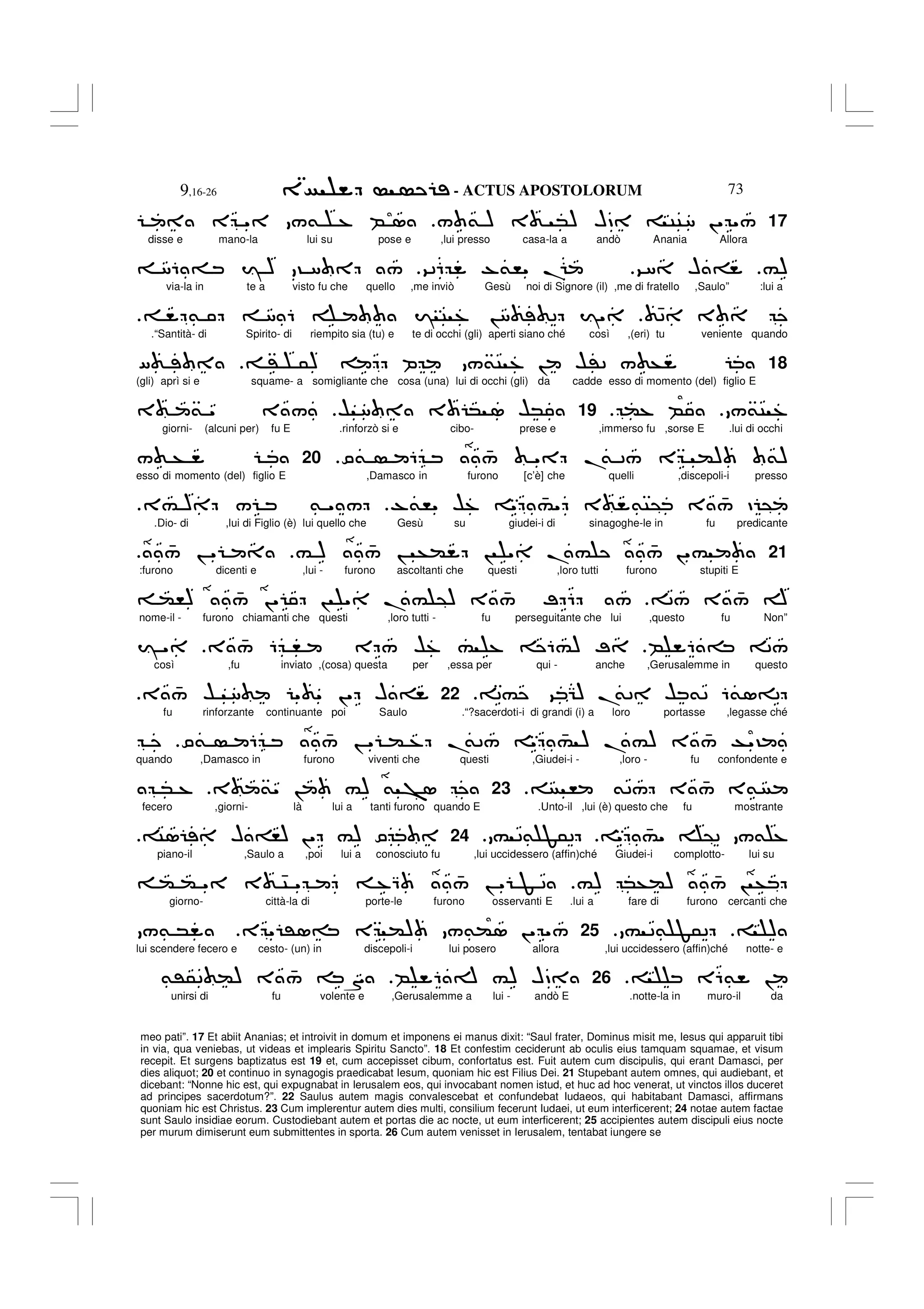 - ACTUS APOSTOLORUM
9,16-26 73
meo pati”. 17 Et abiit Ananias; et introivit in domum et imponens ei manus dixit: “Saul frater, Dominus misit me, Iesus qui apparuit tibi
in via, qua veniebas, ut videas et implearis Spiritu Sancto”. 18 Et confestim ceciderunt ab oculis eius tamquam squamae, et visum
recepit. Et surgens baptizatus est 19 et, cum accepisset cibum, confortatus est. Fuit autem cum discipulis, qui erant Damasci, per
dies aliquot; 20 et continuo in synagogis praedicabat Iesum, quoniam hic est Filius Dei. 21 Stupebant autem omnes, qui audiebant, et
dicebant: “Nonne hic est, qui expugnabat in Ierusalem eos, qui invocabant nomen istud, et huc ad hoc venerat, ut vinctos illos duceret
ad principes sacerdotum?”. 22 Saulus autem magis convalescebat et confundebat Iudaeos, qui habitabant Damasci, affirmans
quoniam hic est Christus. 23 Cum implerentur autem dies multi, consilium fecerunt Iudaei, ut eum interficerent; 24 notae autem factae
sunt Saulo insidiae eorum. Custodiebant autem et portas die ac nocte, ut eum interficerent; 25 accipientes autem discipuli eius nocte
per murum dimiserunt eum submittentes in sporta. 26 Cum autem venisset in Ierusalem, tentabat iungere se
17
/ & ) 3 *) HD CC8 !" "/
E " /& % B 1
disse e mano-la lui su pose e ,lui presso casa-la a andò Anania Allora
#)
98 H =
926 -&," .
86 = I ) ? 8 /
via-la in te a visto fu che quello ,me inviò Gesù noi di Signore (il) ,me di fratello ,Saulo” :lui a
42 3
& 8 6 I C % !8 2 I"
.
.“Santità- di Spirito- di riempito sia (tu) e te di occhi (gli) aperti siano ché così ,(eri) tu veniente quando
18
' 5) P /&C % ! $'2 / +
[
(gli) aprì si e squame- a somigliante che cosa (una) lui di occhi (gli) da cadde esso di momento (del) figlio E
/&C %
(% B
.
19
$ 8 3 * 1 $*
3 & " 3 /
giorni- (alcuni per) fu E .rinforzò si e cibo- prese e ,immerso fu ,sorse E .lui di occhi
O& 6 4
/ " .
& 2/ E () &)
20
/ +
esso di momento (del) figlio E ,Damasco in furono [c’è] che quelli ,discepoli-i presso
-&," $% " 4
#" 3 &C@ 3 4
/ D @
3# ) / & " /
.
.Dio- di ,lui di Figlio (è) lui quello che Gesù su giudei-i di sinagoghe-le in fu predicante
21
# ) 4
/ ! +( ! " .# 4
/ !"#
4
/ ! "
:furono dicenti e ,lui - furono ascoltanti che questi ,loro tutti furono stupiti E
2/ 3 4
/ A
(,) 4
/ !" ! " .# @) 3 4
/ ; 6 /
nome-il - furono chiamanti che questi ,loro tutti - fu perseguitante che lui ,questo fu Non”
B 6 = 2/
3 4
/ 6 , E / $% # % 6#) ;
I "
così ,fu inviato ,(cosa) questa per ,essa per qui - anche ,Gerusalemme in questo
2# 9 G) .
&2 $ &2 6&1=2
22
3 4
/ $ 8 " " !" H =
fu rinforzante continuante poi Saulo .“?sacerdoti-i di grandi (i) a loro portasse ,legasse ché
O& 6 4
/ ! " ( % .
&2/ " 4
# ) .#) 3 4
/ T"?
quando ,Damasco in furono viventi che questi ,Giudei-i - ,loro - fu confondente e
, &2/ 3 4
/ 3&
.
23
3 &" ! #) & >1
* %
fecero ,giorni- là lui a tanti furono quando E .Unto-il ,lui (è) questo che fu mostrante
" 4
#" @2 /& %
# 2& F52
24
C1 H =,) !" #) O
piano-il ,Saulo a ,poi lui a conosciuto fu ,lui uccidessero (affin)ché Giudei-i complotto- lui su
#) *+() 4
/ ! +
( ( " 3 4C " %Q 4
/ ! " F 2
giorno- città-la di porte-le furono osservanti E .lui a fare di furono cercanti che
)
# 2& F52
25
E " '1= E () /&(1 !" "/
/& *
lui scendere fecero e cesto- (un) in discepoli-i lui posero allora ,lui uccidessero (affin)ché notte- e
E6& !
26
B 6 A #) HD
&'52 () 3 4
/ S
unirsi di fu volente e ,Gerusalemme a lui - andò E .notte-la in muro-il da
 