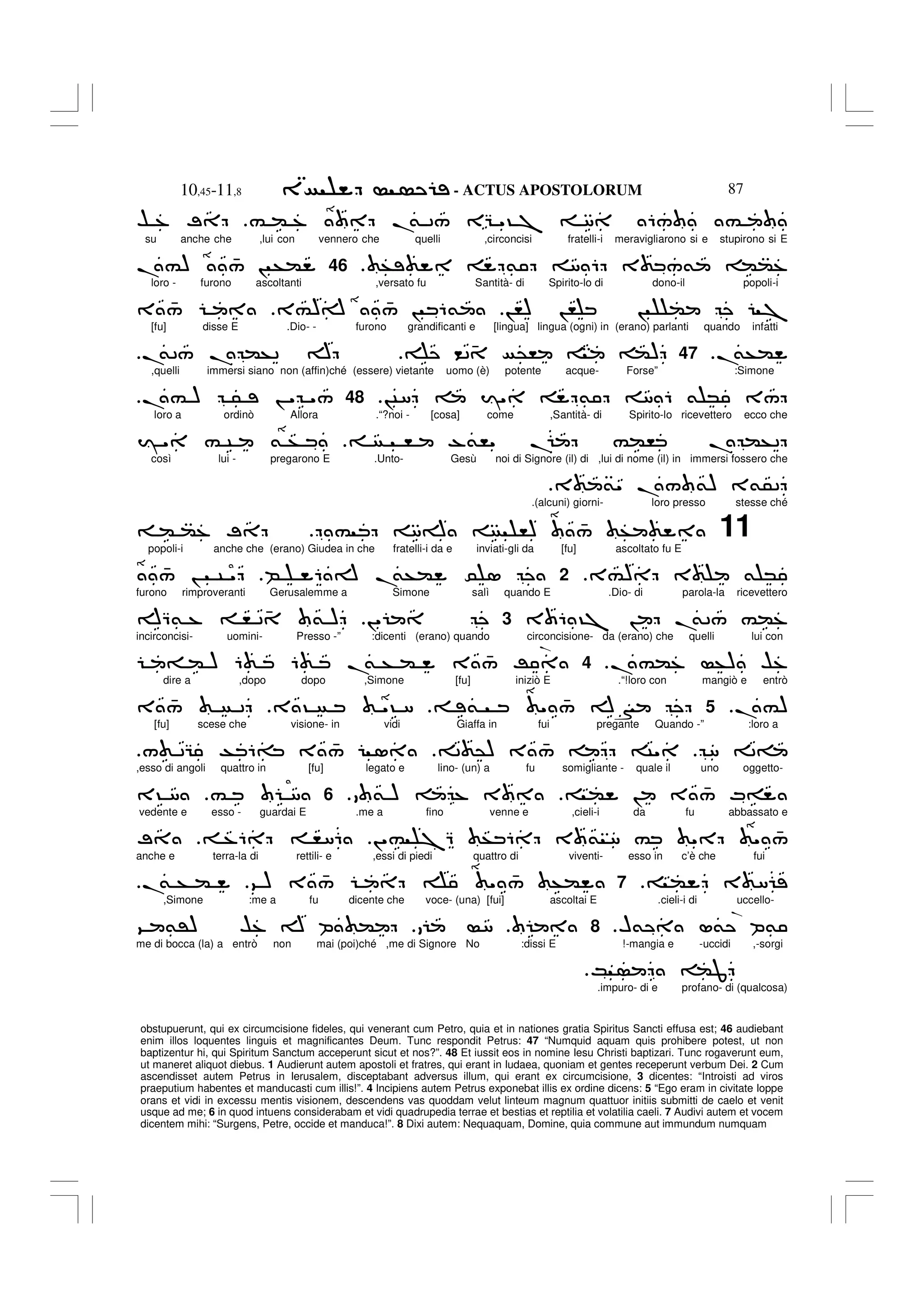 - ACTUS APOSTOLORUM
10,45-11,8 87
obstupuerunt, qui ex circumcisione fideles, qui venerant cum Petro, quia et in nationes gratia Spiritus Sancti effusa est; 46 audiebant
enim illos loquentes linguis et magnificantes Deum. Tunc respondit Petrus: 47 “Numquid aquam quis prohibere potest, ut non
baptizentur hi, qui Spiritum Sanctum acceperunt sicut et nos?”. 48 Et iussit eos in nomine Iesu Christi baptizari. Tunc rogaverunt eum,
ut maneret aliquot diebus. 1 Audierunt autem apostoli et fratres, qui erant in Iudaea, quoniam et gentes receperunt verbum Dei. 2 Cum
ascendisset autem Petrus in Ierusalem, disceptabant adversus illum, qui erant ex circumcisione, 3 dicentes: “Introisti ad viros
praeputium habentes et manducasti cum illis!”. 4 Incipiens autem Petrus exponebat illis ex ordine dicens: 5 “Ego eram in civitate Ioppe
orans et vidi in excessu mentis visionem, descendens vas quoddam velut linteum magnum quattuor initiis submitti de caelo et venit
usque ad me; 6 in quod intuens considerabam et vidi quadrupedia terrae et bestias et reptilia et volatilia caeli. 7 Audivi autem et vocem
dicentem mihi: “Surgens, Petre, occide et manduca!”. 8 Dixi autem: Nequaquam, Domine, quia commune aut immundum numquam
# ( % .
& 2/ EG "? 7 8 6/ #
$ % ;
su anche che ,lui con vennero che quelli ,circoncisi fratelli-i meravigliarono si e stupirono si E
+ & 8 6 3 /& ((%
.
46
.#) 4
/ ! +(
loro - furono ascoltanti ,versato fu Santità- di Spirito-lo di dono-il popoli-i
!,) !, ! ( 7
3#)A 4
/ ! 6&
3 4
/
[fu] disse E .Dio- - furono grandificanti e [lingua] lingua (ogni) in (erano) parlanti quando infatti
.
&+(
.
47
<24 @, ()
.
&2/ . (+2 A
,quelli immersi siano non (affin)ché (essere) vietante uomo (è) potente acque- Forse” :Simone
!C8 I" & 8 6 & * 3/
.
48
.# ) 5 ! " "/
loro a ordinò Allora .“?noi - [cosa] come ,Santità- di Spirito-lo ricevettero ecco che
, -&," . #(, . (+2
I " # C & +
così lui - pregarono E .Unto- Gesù noi di Signore (il) di ,lui di nome (il) in immersi fossero che
3 &" . / &) 3&52
.(alcuni) giorni- loro presso stesse ché
11
# 8A ,) 4
/ +
( (% ;
popoli-i anche che (erano) Giudea in che fratelli-i da e inviati-gli da [fu] ascoltato fu E
3#) 3 & *
2
B 6 A .
&+( 0 1
4
/ ! C "
furono rimproveranti Gerusalemme a Simone salì quando E .Dio- di parola-la ricevettero
3 6 ?7 ! .
&2/ #(%
3
!"
AQ& % , 2 4 & )
incirconcisi- uomini- Presso -” :dicenti (erano) quando circoncisione- da (erano) che quelli lui con
.#(% +) $%
.
4
= ( ) 6 6 .
& + ( 3 4
/ R
dire a ,dopo dopo ,Simone [fu] iniziò E .“!loro con mangiò e entrò
.#)
5
& " 4
/ AN
3 ? "? 8
3 4
/ 2
[fu] scese che visione- in vidi Giaffa in fui pregante Quando -” :loro a
8 2=
2 @) 3 4
/ C"
/ 2G T 6= 3 4
/ 1
,esso di angoli quattro in [fu] legato e lino- (un) a fu somigliante - quale il uno oggetto-
( ! 3 4
/ M=
& ) % 3
.
6
# 8
3? 8
vedente e esso - guardai E .me a fino venne e ,cieli-i da fu abbassato e
!"# 7Q + 6 3 & 8 # " " 4
/
%6 ,86
;
anche e terra-la di rettili- e ,essi di piedi quattro di viventi- esso in c’è che fui
( 3 8
7
9 ) 3 4
/ " 4
/ +(
.
& + (
,Simone :me a fu dicente che voce- (una) [fui] ascoltai E .cieli-i di uccello-
H& L& P&
.
8
8
9 &') $% A P (
me di bocca (la) a entrò non mai (poi)ché ,me di Signore No :dissi E !-mangia e -uccidi ,-sorgi
K (J
.
.impuro- di e profano- di (qualcosa)
.
.
 