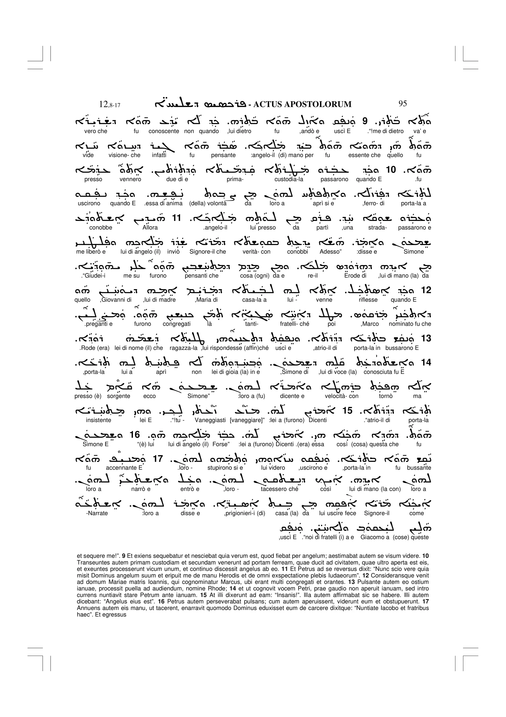 - ACTUS APOSTOLORUM
12,8-17 95
et sequere me!”. 9 Et exiens sequebatur et nesciebat quia verum est, quod fiebat per angelum; aestimabat autem se visum videre. 10
Transeuntes autem primam custodiam et secundam venerunt ad portam ferream, quae ducit ad civitatem, quae ultro aperta est eis,
et exeuntes processerunt vicum unum, et continuo discessit angelus ab eo. 11 Et Petrus ad se reversus dixit: “Nunc scio vere quia
misit Dominus angelum suum et eripuit me de manu Herodis et de omni exspectatione plebis Iudaeorum”. 12 Consideransque venit
ad domum Mariae matris Ioannis, qui cognominatur Marcus, ubi erant multi congregati et orantes. 13 Pulsante autem eo ostium
ianuae, processit puella ad audiendum, nomine Rhode; 14 et ut cognovit vocem Petri, prae gaudio non aperuit ianuam, sed intro
currens nuntiavit stare Petrum ante ianuam. 15 At illi dixerunt ad eam: “Insanis!”. Illa autem affirmabat sic se habere. Illi autem
dicebant: “Angelus eius est”. 16 Petrus autem perseverabat pulsans; cum autem aperuissent, viderunt eum et obstupuerunt. 17
Annuens autem eis manu, ut tacerent, enarravit quomodo Dominus eduxisset eum de carcere dixitque: “Nuntiate Iacobo et fratribus
haec”. Et egressus
6 3
.
9
/6 3 4
/ HD 0'2
E " 3 4
/ - " A
vero che fu conoscente non quando ,lui dietro fu ,andò e uscì E .“!me di dietro va’ e
4
/ " / / 4
/
3? 8 3 ? 8 7 3 4
/ *1
vide visione- che infatti fu pensante :angelo-il (di) mano per fu essente che quello fu
3 4
/
.
10
! " 6 3 3 F * %
%
presso vennero due di e prima- custodia-la passarono quando E .fu
AD %6 )
# , :' 2 & S ! .#) [
& 5 ' 2
uscirono quando E .essa di anima (della) volontà da loro a aprì si e ,ferro- di porta-la a
8 & *%
/ & ) ! O
11
- ! " "/
conobbe Allora .angelo-il lui presso da partì ,una strada- passarono e
.
&+(
9 C F # 6 " 3 &5 % " /
me liberò e lui di angelo (il) inviò Signore-il che verità- con conobbi Adesso” :disse e Simone
@ L 6/ / " !
" 4
# " 9 % 4
/ ! *,8 P !
.“Giudei-i me su furono pensanti che cosa (ogni) da e re-il Erode di ,lui di mano (la) da
12
$ 1
/ ! C 8& " # B " 3 * ) # ) 3
quello ,Giovanni di ,lui di madre ,Maria di casa-la a lui - venne riflesse quando E
L& 9C
4
/ ! , C ! 3= >1 8 $F
! )N
.preganti e furono congregati là tanti- fratelli- ché poi ,Marco nominato fu che
13
3 6 %6 <52
E 6 # ( 3 J /& C% 5'2
.
.Rode (era) lei di nome (il) che ragazza-la ,lui rispondesse (affin)ché uscì e ,atrio-il di porta-la in bussarono E
14
.
&+( # %
%6 # ) 8 A /
,porta-la lui a aprì non lei di gioia (la) in e ,Simone di ,lui di voce (la) conosciuta fu E
.# ) E J/ @ / A
$ % P= 3/ .
& + (
presso (è) sorgente ecco Simone” :loro a (fu) dicente e velocità- con tornò ma
3 6 %6
.
15
#) !"
9 @ ) %D -?
" 8 /
insistente lei E .“!tu - Vaneggiasti [vaneggiare]” :lei a (furono) Dicenti .“atrio-il di porta-la
4
/
/ C / E /
#) !"
4
/ # *
16
.
& +(
Simone E “(è) lui lui di angelo (il) Forse” :lei a (furono) Dicenti .(era) essa così (cosa) questa che fu
%6 3 4
/ <52
.#) # / ?8 &5'2
.
17
3 4
/ R C
fu accennante E .loro - stupirono si e lui videro ,uscirono e ,porta-la in fu bussante
/ " .#)
.# ) .
& , 2 I "
.# ) 9 % $ %
loro a narrò e entrò e ,loro - tacessero ché così lui di mano (la con) loro a
EG 1 ! #5 " C@"
.# )
& %
-Narrate :loro a disse e ,prigionieri-i (di) casa (la) da lui uscire fece Signore-il come
! 8A M&5+ ) ! )/
0'2
,uscì E .“noi di fratelli (i) a e Giacomo a (cose) queste
.
 
