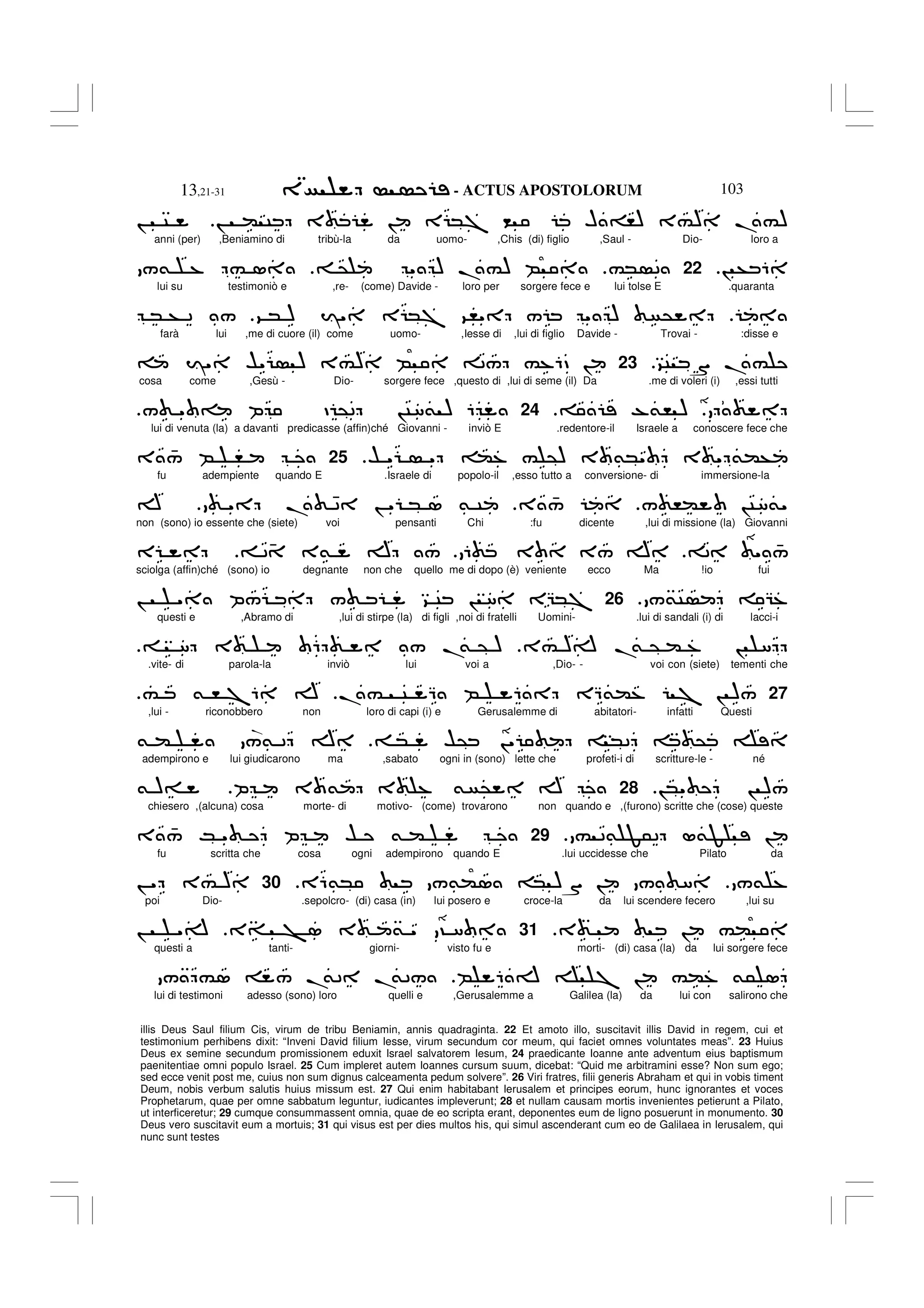 - ACTUS APOSTOLORUM
13,21-31 103
illis Deus Saul filium Cis, virum de tribu Beniamin, annis quadraginta. 22 Et amoto illo, suscitavit illis David in regem, cui et
testimonium perhibens dixit: “Inveni David filium Iesse, virum secundum cor meum, qui faciet omnes voluntates meas”. 23 Huius
Deus ex semine secundum promissionem eduxit Israel salvatorem Iesum, 24 praedicante Ioanne ante adventum eius baptismum
paenitentiae omni populo Israel. 25 Cum impleret autem Ioannes cursum suum, dicebat: “Quid me arbitramini esse? Non sum ego;
sed ecce venit post me, cuius non sum dignus calceamenta pedum solvere”. 26 Viri fratres, filii generis Abraham et qui in vobis timent
Deum, nobis verbum salutis huius missum est. 27 Qui enim habitabant Ierusalem et principes eorum, hunc ignorantes et voces
Prophetarum, quae per omne sabbatum leguntur, iudicantes impleverunt; 28 et nullam causam mortis invenientes petierunt a Pilato,
ut interficeretur; 29 cumque consummassent omnia, quae de eo scripta erant, deponentes eum de ligno posuerunt in monumento. 30
Deus vero suscitavit eum a mortuis; 31 qui visus est per dies multos his, qui simul ascenderant cum eo de Galilaea in Ierusalem, qui
nunc sunt testes
! ( C 3 ! E *7 < H =,) 3#) .#)
! C
anni (per) ,Beniamino di tribù-la da uomo- ,Chis (di) figlio ,Saul - Dio- loro a
! + 6
22
#* 2
@ " ) .#) B
/& % # 1
lui su testimoniò e ,re- (come) Davide - loro per sorgere fece e lui tolse E .quaranta
9 * ) I" E *7 9," / " ) @
* + 2 /
farà lui ,me di cuore (il) come uomo- ,Iesse di ,lui di figlio Davide - Trovai - :disse e
9C S .#
23
I" $" ) 3#) B 2/ #%6D !
cosa come ,Gesù - Dio- sorgere fece ,questo di ,lui di seme (il) Da .me di voleri (i) ,essi tutti
-&, )
24
/ " = P D @2 !C8& ) 6
lui di venuta (la) a davanti predicasse (affin)ché Giovanni - inviò E .redentore-il Israele a conoscere fece che
$ " " (% # @) 3 &*" 3 " &(+
25
3 4
/ B ,
fu adempiente quando E .Israele di popolo-il ,esso tutto a conversione- di immersione-la
/ ,( !C8&"
3 4
/
" . 42 ! " * 1 & C
A
non (sono) io essente che (siete) voi pensanti Chi :fu dicente ,lui di missione (la) Giovanni
2 " 4
/
6 3 3/ A
24 3& A /
E
sciolga (affin)ché (sono) io degnante non che quello me di dopo (è) veniente ecco Ma !io fui
/&C G%
26
! " P/ / 9 C ! 8 EG*7
questi e ,Abramo di ,lui di stirpe (la) di figli ,noi di fratelli Uomini- .lui di sandali (i) di lacci-i
3# )A .
& @ ( % ! 8
8 3 6 / .
& @ )
.vite- di parola-la inviò lui voi a ,Dio- - voi con (siete) tementi che
27
.# C Q B 6 EQ&(% 7 ! )/
# & , 76 A
,lui - riconobbero non loro di capi (i) e Gerusalemme di abitatori- infatti Questi
* $@ !" *2 @
& ( /& 2 A
adempirono e lui giudicarono ma ,sabato ogni in (sono) lette che profeti-i di scritture-le - né
!*" ! )/
28
P 3 & 3 % & @ A
& )=
chiesero ,(alcuna) cosa morte- di motivo- (come) trovarono non quando e ,(furono) scritte che (cose) queste
# 2& F52 L&F !
29
3 4
/ K " P $ & (
fu scritta che cosa ogni adempirono quando E .lui uccidesse che Pilato da
/& %
E6&* /&(1 * )S ! / 8
30
! " 3# )
poi Dio- .sepolcro- (di) casa (in) lui posero e croce-la da lui scendere fecero ,lui su
3 ! #(
31
3= > 1 3 & " ? 8
! "A
questi a tanti- giorni- visto fu e morti- (di) casa (la) da lui sorgere fece
B 6 A 7 ! #(% &5 1
/ #1 / .
&2 .
&2/
lui di testimoni adesso (sono) loro quelli e ,Gerusalemme a Galilea (la) da lui con salirono che
.
 