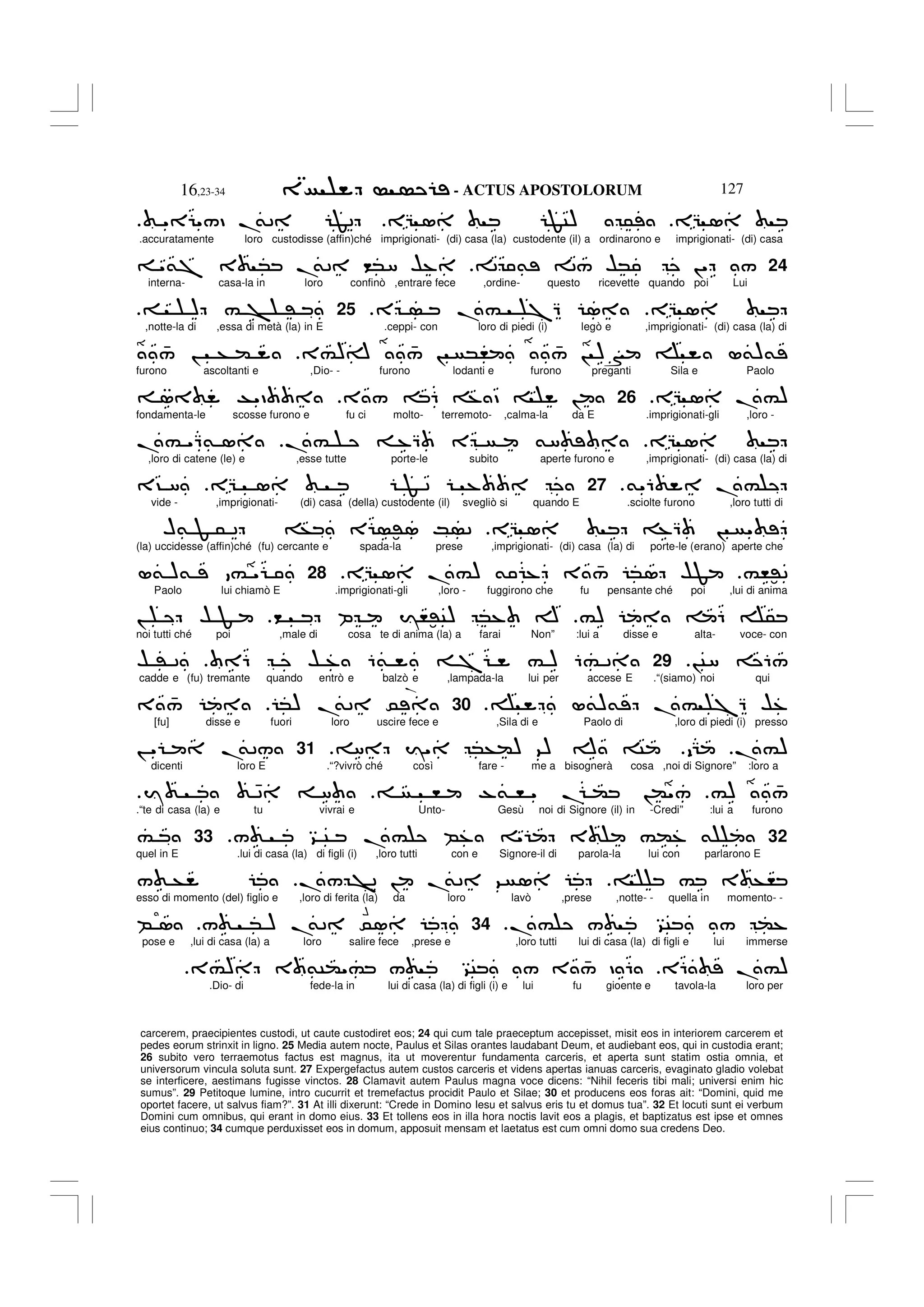 - ACTUS APOSTOLORUM
16,23-34 127
carcerem, praecipientes custodi, ut caute custodiret eos; 24 qui cum tale praeceptum accepisset, misit eos in interiorem carcerem et
pedes eorum strinxit in ligno. 25 Media autem nocte, Paulus et Silas orantes laudabant Deum, et audiebant eos, qui in custodia erant;
26 subito vero terraemotus factus est magnus, ita ut moverentur fundamenta carceris, et aperta sunt statim ostia omnia, et
universorum vincula soluta sunt. 27 Expergefactus autem custos carceris et videns apertas ianuas carceris, evaginato gladio volebat
se interficere, aestimans fugisse vinctos. 28 Clamavit autem Paulus magna voce dicens: “Nihil feceris tibi mali; universi enim hic
sumus”. 29 Petitoque lumine, intro cucurrit et tremefactus procidit Paulo et Silae; 30 et producens eos foras ait: “Domini, quid me
oportet facere, ut salvus fiam?”. 31 At illi dixerunt: “Crede in Domino Iesu et salvus eris tu et domus tua”. 32 Et locuti sunt ei verbum
Domini cum omnibus, qui erant in domo eius. 33 Et tollens eos in illa hora noctis lavit eos a plagis, et baptizatus est ipse et omnes
eius continuo; 34 cumque perduxisset eos in domum, apposuit mensam et laetatus est cum omni domo sua credens Deo.
EG 1
EG 1 FC) 5
" "/D .
&2 F2
.
.accuratamente loro custodisse (affin)ché imprigionati- (di) casa (la) custodente (il) a ordinarono e imprigionati- (di) casa
24
2 & 2/ $* !" /
"&7 3 * .
&2 <*8 $%
interna- casa-la in loro confinò ,entrare fece ,ordine- questo ricevette quando poi Lui
EG 1
E .# 7Q 1
.
25
) # > '
,notte-la di ,essa di metà (la) in E .ceppi- con loro di piedi (i) legò e ,imprigionati- (di) casa (la) di
3#)A 4
/ ! *, 4
/ ! )N L&)&
4
/ ! + (
furono ascoltanti e ,Dio- - furono lodanti e furono preganti Sila e Paolo
EG 1 .#)
26
3 / 6 % D !
1 T"D
fondamenta-le scosse furono e fu ci molto- terremoto- ,calma-la da E .imprigionati-gli ,loro -
EG 1
.# %Q E &8
.# "Q& 1
,loro di catene (le) e ,esse tutte porte-le subito aperte furono e ,imprigionati- (di) casa (la) di
&"6 .#
.
27
EG 1 F 2 %
3? 8
vide - ,imprigionati- (di) casa (della) custodente (il) svegliò si quando E .sciolte furono ,loro tutti di
EG 1 %Q ! "
H& F 5 2 + E :'1 K 2
(la) uccidesse (affin)ché (fu) cercante e spada-la prese ,imprigionati- (di) casa (la) di porte-le (erano) aperte che
#,:'2
EG 1 .#) & % 3 4
/ *1 $F
28
L& )& # "
Paolo lui chiamò E .imprigionati-gli ,loro - fuggirono che fu pensante ché poi ,lui di anima
#) 6 5
< P I,:'C) *% A
! $ F
noi tutti ché poi ,male di cosa te di anima (la) a farai Non” :lui a disse e alta- voce- con
!C8 6/
.
29
6 $ % 6& 7 # ) 6# 2
$ ' 2
cadde e (fu) tremante quando entrò e balzò e ,lampada-la lui per accese E .“(siamo) noi qui
L&)& .# 7Q $%
.
30
*) .
&2 0
3 4
/
[fu] disse e fuori loro uscire fece e ,Sila di e Paolo di ,loro di piedi (i) presso
.#)
G
8 I" *+() 9) A C
31
! " .
&2/
dicenti loro E .“?vivrò ché così fare - me a bisognerà cosa ,noi di Signore” :loro a
#) 4
/
, -& , " . ( !("/
Y 42 8
.
.“te di casa (la) e tu vivrai e Unto- Gesù noi di Signore (il) in -Credi” :lui a furono
32
/ 9 C .# B% " 3 #(% &
33
#
quel in E .lui di casa (la) di figli (i) ,loro tutti con e Signore-il di parola-la lui con parlarono E
# 3 +,
./ >2 ! .
&2 9 1
/ +
esso di momento (del) figlio e ,loro di ferita (la) da loro lavò ,prese ,notte- - quella in momento- -
.# / 9C / (%
.
34
.
&2 01
/ * )
B 1
pose e ,lui di casa (la) a loro salire fece ,prese e ,loro tutti lui di casa (la) di figli e lui immerse
E6 .#)
3 &C("# / 9C / 3 4
/ D 6
3#)
.Dio- di fede-la in lui di casa (la) di figli (i) e lui fu gioente e tavola-la loro per
.
H
 