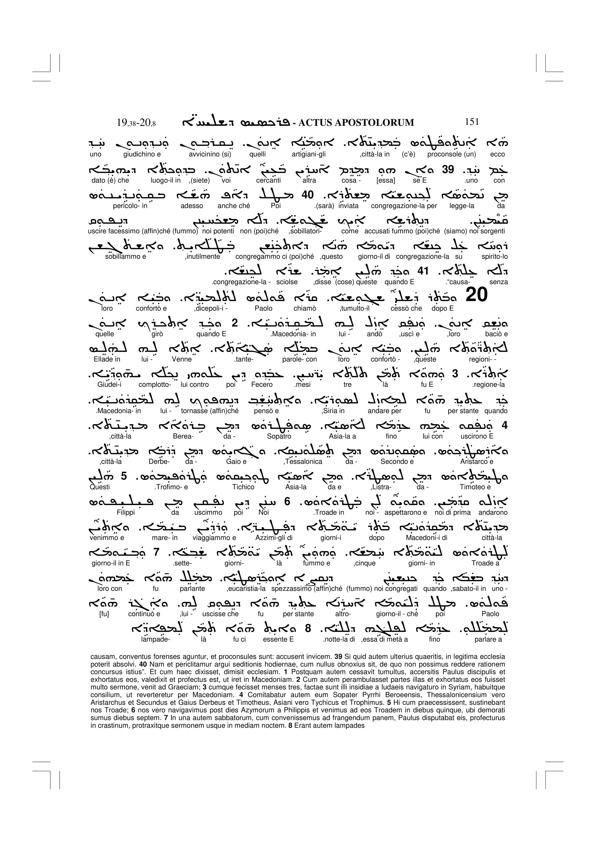 - ACTUS APOSTOLORUM
19,38-20,8 151
causam, conventus forenses aguntur, et proconsules sunt: accusent invicem. 39 Si quid autem ulterius quaeritis, in legitima ecclesia
poterit absolvi. 40 Nam et periclitamur argui seditionis hodiernae, cum nullus obnoxius sit, de quo non possimus reddere rationem
concursus istius”. Et cum haec dixisset, dimisit ecclesiam. 1 Postquam autem cessavit tumultus, accersitis Paulus discipulis et
exhortatus eos, valedixit et profectus est, ut iret in Macedoniam. 2 Cum autem perambulasset partes illas et exhortatus eos fuisset
multo sermone, venit ad Graeciam; 3 cumque fecisset menses tres, factae sunt illi insidiae a Iudaeis navigaturo in Syriam, habuitque
consilium, ut reverteretur per Macedoniam. 4 Comitabatur autem eum Sopater Pyrrhi Beroeensis, Thessalonicensium vero
Aristarchus et Secundus et Gaius Derbeus et Timotheus, Asiani vero Tychicus et Trophimus. 5 Hi cum praecessissent, sustinebant
nos Troade; 6 nos vero navigavimus post dies Azymorum a Philippis et venimus ad eos Troadem in diebus quinque, ubi demorati
sumus diebus septem. 7 In una autem sabbatorum, cum convenissemus ad frangendum panem, Paulus disputabat eis, profecturus
in crastinum, protraxitque sermonem usque in mediam noctem. 8 Erant autem lampades
3 4C" ( L&F 2 3/
.
&2 C
8 .
& 2 2 .
& 5 2
uno giudichino e avvicinino (si) quelli artigiani-gli ,città-la in (c’è) proconsole (un) ecco
8 B%
.
39
. 42 ! + !" 8 4 P / .
*"#" 3
dato (è) che luogo-il in ,(siete) voi cercanti altra cosa - [essa] se E .uno con
E6 , &C@) 1&(2 !
40
L& C " 2& 5 / ; $ F
pericolo- in adesso anche ché Poi .(sarà) inviata congregazione-la per legge-la da
!C (
&> I" 6 2
O& ' 2 !C @, A
uscire facessimo (affin)ché (fummo) noi potenti non (poi)ché ,sobillatori- come accusati fummo (poi)ché (siamo) noi sorgenti
" F !,C 2/ &" ,C $% 8 6
! , 7
sobillammo e ,inutilmente congregammo ci (poi)ché ,questo giorno-il di congregazione-la su spirito-lo
3 % A
.
41
! )/
,C@) E
.congregazione-la - sciolse ,disse (cose) queste quando E .“causa- senza
20
&> 9 6
E () ) L&)& E
.
& 2
loro confortò e ,dicepoli-i - Paolo chiamò ,tumulto-il cessò che dopo E
.
&2 0,2
2 5 ( ) # ) HD 0'2
2
.
& 2 Y
quelle girò quando E .Macedonia- in lui - andò ,uscì e ,loro baciò e
! )/ 3 Q A
3 = >1 ( .
&2
)# ) # ) 3
Ellade in lui - Venne .tante- parole- con loro confortò - ,queste regioni- -
E6
.
3
! 8G" 3 ) ! 3 /
" 4
# " @2 /& % !" *%
Giudei-i complotto- lui contro poi Fecero .mesi tre là fu E .regione-la
"6& ) HD=() 3 4
/ " %
2 5() #) Y& #2 K,8
.Macedonia- in lui - tornasse (affin)ché pensò e ,Siria in andare per fu per stante quando
4
1A % #(% &5'2
3 4C " 3 ! L F &1
,città-la Berea- da - Sopatro Asia-la a fino lui con uscirono E
L& F16
5 2& 1 ! L 2&51
3 4C" 6 ! L&"=7
,città-la Derbe- da - Gaio e ,Tessalonica da - Secondo e Aristarco e
E F1&) ! L ( J
L&( J L&5 &J 1 !
.
5
! )/
Questi .Trofimo- e Tichico Asia-la da e ,Listra- da - Timoteo e
! &)D
L F !) &"&
6
L& ' ! ! 5 '2 !" !C8
Filippi da uscimmo poi Noi .Troade in noi - aspettarono e noi di prima andarono
EG F 3 & " 6 2 5 3 4C"
( ! " 6
! "
venimmo e mare- in viaggiammo e Azzimi-gli di giorni-i dopo Macedoni-i di città-la
,(8 3 & ) L F)
3 &" ! !" /
+*
.
7
&
giorno-il in E .sette- giorni- là fummo e ,cinque giorni- in Troade a
F1 3N52 !C , C *, 8
.#(% 3 4
/ $ (
loro con fu parlante ,eucaristia-la spezzassimo (affin)ché (fummo) noi congregati quando ,sabato-il in uno -
L&)&
#) O&'2 3 4
/ " % 2 8 4 & ) $F
3 4
/ 7
[fu] continuò e ,lui - uscisse che fu per stante altro- giorno-il - ché poi Paolo
& (()
) # W
> ') %
8
E ='() ! 3 4
/ "
lampade- là fu ci essente E .notte-la di ,essa di metà a fino parlare a
 