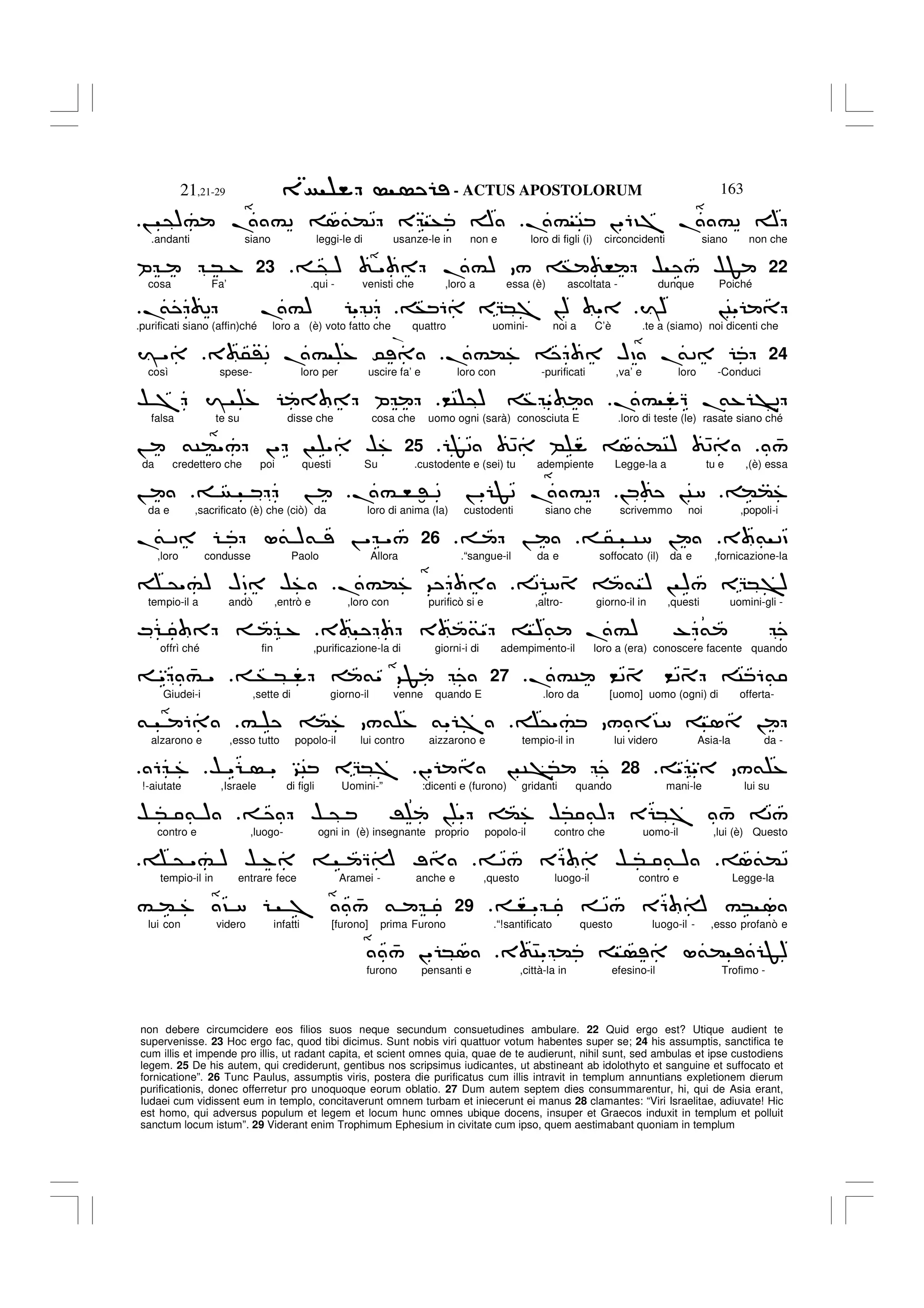 - ACTUS APOSTOLORUM
21,21-29 163
non debere circumcidere eos filios suos neque secundum consuetudines ambulare. 22 Quid ergo est? Utique audient te
supervenisse. 23 Hoc ergo fac, quod tibi dicimus. Sunt nobis viri quattuor votum habentes super se; 24 his assumptis, sanctifica te
cum illis et impende pro illis, ut radant capita, et scient omnes quia, quae de te audierunt, nihil sunt, sed ambulas et ipse custodiens
legem. 25 De his autem, qui crediderunt, gentibus nos scripsimus iudicantes, ut abstineant ab idolothyto et sanguine et suffocato et
fornicatione”. 26 Tunc Paulus, assumptis viris, postera die purificatus cum illis intravit in templum annuntians expletionem dierum
purificationis, donec offerretur pro unoquoque eorum oblatio. 27 Dum autem septem dies consummarentur, hi, qui de Asia erant,
Iudaei cum vidissent eum in templo, concitaverunt omnem turbam et iniecerunt ei manus 28 clamantes: “Viri Israelitae, adiuvate! Hic
est homo, qui adversus populum et legem et locum hunc omnes ubique docens, insuper et Graecos induxit in templum et polluit
sanctum locum istum”. 29 Viderant enim Trophimum Ephesium in civitate cum ipso, quem aestimabant quoniam in templum
.# C !"6?7 . #2 A
! @)# . #2 1&(2 E + A
.andanti siano leggi-le di usanze-le in non e loro di figli (i) circoncidenti siano non che
22
@ ) " .#) / + , $ / $F
23
P * %
cosa Fa’ .qui - venisti che ,loro a essa (è) ascoltata - dunque Poiché
I) !C"
+ 6 EG*7 !) "
.
& 2 .#) " 2
.
.purificati siano (affin)ché loro a (è) voto fatto che quattro uomini- noi a C’è .te a (siamo) noi dicenti che
24
.#(% HD .
&2
3 5'2 .# % 0
I "
così spese- loro per uscire fa’ e loro con -purificati ,va’ e loro -Conduci
.# Q .
&% >2
<C @) % "
$ 7 I % P
falsa te su disse che cosa che uomo ogni (sarà) conosciuta E .loro di teste (le) rasate siano ché
4
/
F2 42 B 1&(C) 42
.
25
! &C("/ !" ! " $%
da credettero che poi questi Su .custodente e (sei) tu adempiente Legge-la a tu e ,(è) essa
((%
! !C8
.# , :' 2 ! " F2 . #2
!
!
da e ,sacrificato (è) che (ciò) da loro di anima (la) custodenti siano che scrivemmo noi ,popoli-i
3 & 2D
5 C8 !
!
.
26
.
& 2 L& )& ! " "/
,loro condusse Paolo Allora .“sangue-il da e soffocato (il) da e ,fornicazione-la
2 8 4 & ) ! )/ EG*>)
.#(% 9
@"#) HD $%
tempio-il a andò ,entrò e ,loro con purificò si e ,altro- giorno-il in ,questi uomini-gli -
3 3 &" )& .#) - &
M %
offrì ché fin ,purificazione-la di giorni-i di adempimento-il loro a (era) conoscere facente quando
.#C <2 4 <2 4 C 6&
27
+ * &" 9F
" 4
# "
Giudei-i ,sette di giorno-il venne quando E .loro da [uomo] uomo (ogni) di offerta-
@"# / ?8 1 !
# (% /& % &" 7
& 6
alzarono e ,esso tutto popolo-il lui contro aizzarono e tempio-il in lui videro Asia-la da -
" " /& %
28
!" ! C W
>*
$ " " 9C EG*7
6 %
!-aiutate ,Israele di figli Uomini-” :dicenti e (furono) gridanti quando mani-le lui su
$ @ R ! " (% $* &) E *7 4
/ 2/
$ * & )
contro e ,luogo- ogni in (è) insegnante proprio popolo-il contro che uomo-il ,lui (è) Questo
1&(2
2/ E6 $ * & )
@ "# ) $ % QA ;
tempio-il in entrare fece Aramei - anche e ,questo luogo-il contro e Legge-la
, " 2/ E6 A #* 1
.
29
# ( % ? 8 7 4
/ &
lui con videro infatti [furono] prima Furono .“!santificato questo luogo-il - ,esso profanò e
3 4C" ( L&( F)
4
/ !" *1
furono pensanti e ,città-la in efesino-il Trofimo -
.
 