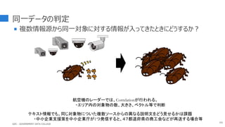 同一データの判定
 複数情報源から同一対象に対する情報が入ってきたときにどうするか？
161
テキスト情報でも、同じ対象物についた複数ソースからの異なる説明文をどう見せるかは課題
・中小企業支援策を中小企業庁が1つ発信すると、４７都道府県の商工会などが再送する場合等
航空機のレーダーでは、Correlationが行われる。
・エリア内の対象物の数、大きさ、ベクトル等で判断
GDC : GOVERNMENT DATA COLLEGE
 