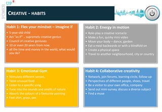 www.catalystconsulting.co.za
8
UP
Habit 1: Flex your mindset – imagine if
• 5-year-old child
• Act “as if” .. supremely creative genius
• Council of creative geniuses
• 10 or even 20 years from now.
• all the time and money in the world, what would
you do?
Habit 2: Energy in motion
• Role-play a creative scenario
• Make a fun, quirky mini video
• Move your body – dance, garden
• Eat a meal backwards or with a blindfold on
• Create a physical space
• Travel to another neighbourhood, city or country
Habit 3: Emotional Gym
• Stimulate different senses,
• Taste unusual food
• Listen to a specific song
• Tune into the sounds and smells of nature
• Absorb the colours of a favourite painting
• Feel shirt, grass, pet.
Habit 4: Collaborative creativity
• Network, join forums, learning circle, follow-up
• Perspectives of different people, shoes, travel
• Be a visitor to your own office, company
• Send out mini-survey, discuss a diverse subject
• Find a muse
CREATIVE - HABITS
 