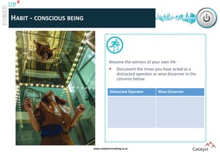 www.catalystconsulting.co.za
8
UP
Become the witness of your own life -
 Document the times you have acted as a
distracted operator or wise discerner in the
columns below:
HABIT - CONSCIOUS BEING
Distracted Operator Wise Discerner
 