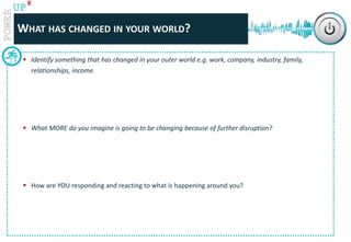 www.catalystconsulting.co.za
8
UP
WHAT HAS CHANGED IN YOUR WORLD?
 Identify something that has changed in your outer world e.g. work, company, industry, family,
relationships, income.
 What MORE do you imagine is going to be changing because of further disruption?
 How are YOU responding and reacting to what is happening around you?
 