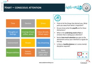 www.catalystconsulting.co.za
8
UP
HABIT – CONSCIOUS ATTENTION
 Think of all the things that distract you. What
pulls you away from what is important?
 Do you know what the payoffs are for these
distractions?
 What is the underlying need or fear or
emotion that is taking your attention?
 Notice how much attention you give to the
distractions versus your intentions or goals for
the day.
 Is there a healthy balance or is some mental
discipline required?
Time Devices Stress
Thoughts or
feelings
Cravings (Food,
coffee, wine)
Inbox (Emails,
Whats apps)
Environment People Day dreaming
Responsibilities
Games,
hobbies
Body
(discomfort
pain, etc)
 