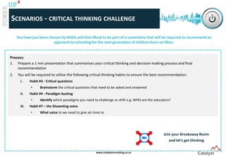www.catalystconsulting.co.za
8
UP
SCENARIOS - CRITICAL THINKING CHALLENGE
You have just been chosen by NASA and Elon Musk to be part of a committee that will be required to recommend an
approach to schooling for the next generation of children born on Mars.
Process:
1. Prepare a 1 min presentation that summarises your critical thinking and decision-making process and final
recommendation
2. You will be required to utilise the following critical thinking habits to ensure the best recommendation:
i. Habit #3 - Critical questions
• Brainstorm the critical questions that need to be asked and answered
ii. Habit #4 - Paradigm busting
• Identify which paradigms you need to challenge or shift e.g. WHO are the educators?
iii. Habit #7 – the Dissenting voice
• What voice to we need to give air-time to
Join your Breakaway Room
and let’s get thinking
 