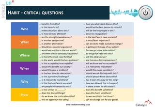 www.catalystconsulting.co.za
8
UP
HABIT - CRITICAL QUESTIONS
Who
… benefits from this?
… is this harmful to?
… makes decisions about this?
… Is most directly affected?
… have you also heard discuss this?
… would be the best person to consult?
… will be the key people in this?
… deserves recognition?
What
… are the strengths/weaknesses?
… is another perspective?
… is another alternative?
… Would be a counter argument?
… is the best/worst case scenario?
… is most/least important?
… can we do to make a positive change?
… is getting in the way of our action?
Where
… would we see this in the real world?
… are there similar concepts/situations?
… is there the most need for this?
… in the world would this be a problem?
… Can we get more information?
… do we go for help with this?
… will this idea take us?
… are the areas for improvement?
When
… is this acceptable/unacceptable?
… would this benefit our society?
… would this case a problem?
… is the best time to take action?
… will we know we’ve succeeded?
… is it relevant to me/others?
… would this cause a problem?
… should we ask for help with this?
Why
… is this a problem/challenge?
... is it relevant to me/others?
… is this the best/worst scenario?
… are people influenced by this?
… should people know about this?
… has it been this way for this long?
… have we allowed this to happen?
… is there a need for this today?
How
… is this similar to ______?
… does this disrupt things?
… do we know the truths about this?
… will we approach this safely?
… does this benefit us/others?
… does this harm us/others?
… do we see this in the future?
… can we change this for our good?
 
