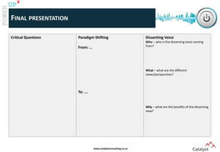 www.catalystconsulting.co.za
8
UP
FINAL PRESENTATION
Critical Questions Paradigm Shifting
From: …
To: ….
Dissenting Voice
Who – who is the dissenting voice coming
from?
What – what are the different
views/perspectives?
Why – what are the benefits of the dissenting
view?
 