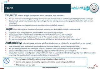 www.catalystconsulting.co.za
8
UP
TRUST
Empathy:often a struggle for impatient, smart, analytical, high achievers.
 Are you ever late for meetings or change them at the last minute because something more important has come up?
 Do you multi-task on your devices during meetings, thereby coming across as disengaged or that other work is more
important?
 Do you put away your device in one-on-one interactions to be fully present?
Logic:often a struggle for those with fuzzy logic, assumptions and lack of clarity in communication
 Do people trust your judgement, and therefore your opinion or guidance?
 Do you speak from verifiable data and first-hand information or hearsay and hunches?
 Are you willing to reveal that you don’t have all the answers and can learn from others?
 Are you communicating your ideas effectively and with logic or a crisp narrative that makes sense?
Authenticity: often a struggle for those with fear of judgement or criticism for being different or not enough
 How different is your professional persona from the one that shows up around family and friends?
 Are you willing to be real and vulnerable (and face potential critics) to allow your unique strengths to shine?
 Do you withhold your true self for fear of being judged as “different” or “not good enough”?
 Do you take exquisite care of people who are different from you, confident in the knowledge that their difference is the
very thing that could unleash your potential and your organization’s?
 Think of a potential collaboration relationship you are busy building
 Identify what aspects of empathy, logic or authenticity would help you build trust
 What actions can you take
 