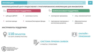 ИННОВАЦИИ 17СОЗДАН ИНФОРМАЦИОННЫЙ ЦЕНТР ПРИ ГБУ «ЦЕНТР ИННОВАЦИОННОГО РАЗВИТИЯ»
ФИНАНСОВАЯ ПОДДЕРЖКА: НЕФИНАНСОВАЯ ПОДДЕРЖКА:
ИНФОРМАЦИОННЫЙ ЦЕНТР ПРЕДОСТАВЛЯЕТ СТРУКТУРИРОВАННУЮ ИНФОРМАЦИЮ ДЛЯ ИННОВАТОРОВ
ИНСТРУМЕНТЫ ПОДДЕРЖКИ
110ОБЪЕКТОВ
НА КАРТЕ ИНФРАСТРУКТУРЫ
СИСТЕМА ПРИЕМА ЗАЯВОК
И РАБОТЫ С ПРОЕКТАМИ
ОНЛАЙН -
ПРИЕМНАЯ
 субсидии ДНПиП  налоговые льготы
 льготная аренда  посевные/венчурные фонды
 спец. таможенный пост
 образовательные
программы
 партнерские программы с
институтами развития
 менторские программы
 