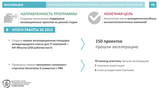 ИННОВАЦИИ 19РЕАЛИЗАЦИЯ МОСКОВСКОЙ ПРОГРАММЫ ИНКУБИРОВАНИЯ ТЕХНОЛОГИЙ
НАПРАВЛЕННОСТЬ ПРОГРАММЫ
Создание механизмов поддержки
инновационных проектов на ранней стадии
КОНЕЧНАЯ ЦЕЛЬ
Увеличение числа конкурентоспособных
высокотехнологичных компаний
ИТОГИ РАБОТЫ ЗА 2013
70 команд-участниц прошли акселерацию
7 получили инвестиции
4 стали резидентами Сколково
150 проектов
прошли акселерацию
 Проведена первая программа «упаковки»
стартапов Generation S совместно с РВК
 Создана первая акселерационная площадка
международного класса для IT-компаний –
API Moscow (250 рабочих мест)
 
