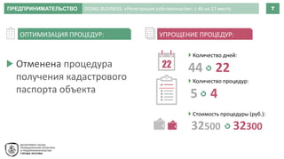 ПРЕДПРИНИМАТЕЛЬСТВО 7
Отменена процедура
получения кадастрового
паспорта объекта
ОПТИМИЗАЦИЯ ПРОЦЕДУР: УПРОЩЕНИЕ ПРОЦЕДУР:
22
 Количество дней:
44 22
 Количество процедур:
5 4
 Стоимость процедуры (руб.):
32500 32300
DOING BUSINESS: «Регистрация собственности»: с 46 на 17 место
 