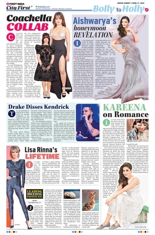Bolly To Holly
JAIPUR, SUNDAY | APRIL 21, 2024
11
ﬁrstindia.co.in
ﬁrstindia.co.in/epapers/jaipur theﬁrstindia theﬁrstindia theﬁrstindia
oachella
2024 has
once again
p r o v e n
why it’s
the ulti-
mate destination for mu-
sic lovers worldwide,
with Weekend 2 deliver-
ing a show-stopping sur-
prise that left fans buzz-
ing with excitement.
Lana Del Rey, the ethe-
real queen of melancholic
melodies, took centre
stage and brought out a
special guest that nobody
saw coming.
In a jaw-dropping mo-
ment that captured the
essence of Coachella’s
electrifying atmosphere,
Lana welcomed none
other than Camila Ca-
bello to join her on stage.
The dynamic duo didn’t
just perform together;
they ignited the crowd
with a sensational rendi-
tion of Cabello’s latest
hit, “I Luv It.”
As the desert air shim-
mered with anticipation,
Camila strutted onto the
stage, exuding confi-
dence and charisma.
With Lana by her side,
the two songstresses
transported the audience
into a realm of pure mu-
sical magic, delivering a
performance that will be
etched in Coachella
history.
While Cami-
la mesmerized
the crowd with
her infectious
energy and pow-
erhouse vocals,
Lana played the
role of the en-
chanted observer,
soaking in the eu-
phoria from the
balcony of the
stage prop. Yet,
true to form,
Lana couldn’t
resist joining
in on the fun,
lending her
hauntingly
b e a u t i f u l
voice to the
mix during the
song’s climax.
And as fans continue to
bask in the afterglow of
Lana and Camila’s epic
performance, they eager-
ly anticipate what magi-
cal moments await at
Coachella’s next chapter.
Coachella
COLLAB
n the glamorous
world of Bolly-
wood, love often
blossoms amidst
the glitz and glam
of the silver screen. For Aish-
warya Rai Bachchan and Ab-
hishek Bachchan, their love
story transcended the bounda-
ries of reel life and became a
real-life fairytale.
As the couple celebrates an-
other year of marital bliss, fans
are revisiting the magical mo-
ment whenAishwarya realized
she was officially ‘Mrs Bach-
chan.’ Amidst the excitement
of their honeymoon getaway to
Bora Bora, it was a simple yet
profound moment on their
flight that solidified their un-
ion. As the air hostess warmly
welcomed her aboard as ‘Mrs
Bachchan,’ the reality of her
newfound marital status hit
Aishwarya like a bolt of light-
ning, sparking laughter and
love between the newlyweds.
But it’s not just Aishwarya
who cherishes their bond; Ab-
hishek Bachchan’s unwaver-
ing support and adoration for
his wife are evident in his
words and actions. In a
candid interview, he
expressed his joy in
celebrating her
achievements and
standing by her side
through thick and thin, de-
bunking outdated notions
of masculinity in the
process.
Their love story, rooted in
mutual admiration and respect,
has captured the hearts of mil-
lions worldwide. From their
first meeting on the sets of
“Dhaai Akshar Prem Ke” to
the grandeur of their wedding
day,Aishwarya andAbhishek’s
journey together has been
nothing short of a Bollywood
blockbuster.
As they mark 17 years of to-
getherness, Aishwarya and Ab-
hishek continue to inspire with
their timeless love story, proving
that true love knows no
bounds,on-screen
or off-screen.
I
C
Aishwarya’s
honeymoon
REVELATION
n a twist of fate fit for
the silver screen, Ka-
reena Kapoor Khan
finds herself at the
centre of a romantic
saga involving Bollywood power
couple Ranveer Singh and Deepi-
ka Padukone. It all began when
Kareena made the bold decision to
step away from Sanjay Leela
Bhansali’s magnum opus “Goli-
yon Ki Rasleela: Ram Leela.” Lit-
tle did she know, her exit would
pave the path for the blossoming
romance between Ranveer and
Deepika, both on and off-screen.
In a recent interview, Kareena
delved into the concept of destiny,
affirming her belief that some
things are simply written in the
stars. When questioned about
whether the grateful duo had ex-
pressed their appreciation for her
unintentional matchmaking, Ka-
reena remained philosophical, as-
serting that what’s meant to be
will find its way, regardless
of earthly interventions.
Reflecting on her
journey, Kareena
couldn’t help but pon-
der the what-ifs, in-
cluding the possibility of
her romance with now-
husband Saif Ali Khan
kicking off earlier had
she not passed on “Kal
Ho Na Ho.” However,
she remains steadfast
in her belief that tim-
ing is everything,
trusting in the
cosmic orches-
trations of
destiny
to guide her path.
Meanwhile, the entertainment
world eagerly anticipates the up-
coming blockbuster “Singham
Again,” where Kareena, Ranveer,
and Deepika will share the screen
in what promises to be a cinematic
spectacle of epic proportions.With
Ajay Devgn reprising his iconic
role and a star-studded ensemble
cast including Akshay Ku-
mar, Tiger Shroff, andAr-
jun Kapoor, fans are in
for a rollercoaster ride of
action, drama, and un-
doubtedly, a dash of
destiny-fueled romance.
KAREENA
on Romance
I
Drake Disses Kendrick
he rap battlefield is
heating up as Drake
drops yet another
bombshell in the
ongoing feud with
Kendrick Lamar. In his latest
track, Taylor Made Freestyle,
the 6 God doesn't hold back, de-
livering blistering verses aimed
squarely at Lamar while also
throwing some shade at Taylor
Swift.
The track, which follows
Drake's earlier hints at a diss
track titled Push Ups, aims
Lamar with a ferocity that's hard
to ignore. But what's truly sur-
prising about Taylor Made
Freestyle is the inclusion of two
hip-hop legends, Tupac Shakur
and Snoop Dogg, whose voices
are brought to life through artifi-
cial intelligence by none other
than Drake himself.
In a jaw-dropping moment,
Shakur's voice can be heard call-
ing out Lamar, urging him to step
up and make his mark on hip-hop
history. Meanwhile, Snoop Dogg
delivers a scathing indictment of
Lamar's current position in the
rap game, suggesting that he's
posted up without a clue of
what to do next.
But it's Drake's bars that steal
the show, as he confidently as-
serts his dominance and sets the
stage for Lamar's response. With
lines like The next one is really
'bout to bring out the coward in
you, Drake makes it clear that
he's not backing down anytime
soon.
Yet, amidst the lyrical on-
slaught, Drake also takes a play-
ful jab at Taylor Swift, referenc-
ing her recent album and sug-
gesting that Lamar may need her
approval before dropping his
next move. It's a clever nod to
the complex dynamics at play in
the music industry, adding an-
other layer of intrigue to the on-
going feud.
T
n a capti-
v a t i n g
twist of
mother-
daughter
dynamics, Lisa Rinna
and her daughter, De-
lilah Hamlin, are set
to share the screen for
the first time in Life-
time’supcomingthrill-
er, “Mommy Mean-
est.”Thefilmpromises
to deliver a spine-chilling
tale of cyberbullying and
maternal betrayal, drawing
inspiration from real-life
events.
Rinna, best known for her
iconic roles on television,
steps into the shoes of
Madelyn, a mother whose
insecurities manifest in a
sinister campaign of cyber-
bullying against her daugh-
ter, Mia, portrayed by Bri-
ana Skye. As Mia grapples
with the tormenting mes-
sages from an unknown
sender, she must navigate
the treacherous waters of
maternal deceit and manip-
ulation.
Meanwhile,Hamlintakes
on the role of Mia’s support-
ive friend, Summer, provid-
ing a beacon of light amidst
the darkness. Born to Hol-
lywood royalty, Hamlin’s
foray into acting has been
marked by a string of im-
pressive performances,
making her a rising star to
watch.
With a gripping plot and
powerhouse performances
from its cast, “Mommy
Meanest” promises to be a
nail-biting thriller that keeps
audiences on the edge of
their seats. As the mystery
unfolds and tensions esca-
late, viewers will be drawn
into a web of deception and
betrayal that hits uncom-
fortably close to home.
Drawing inspiration
from a chilling true story of
cyberbullying, “Mommy
Meanest” sheds light on
the dangers of unchecked
parental control and the
devastating impact it can
have on young lives. Mark
your calendars for May
11th, when “Mommy
Meanest” premieres exclu-
sively on Lifetime.
Lisa Rinna's
LIFETIME
I
Aishwarya Rai Bachchan
Camila Cabello
Lana Del Rey
Drake
Kareena Kapoor Khan
Ranveer Singh  Deepika Padukone
City First
cityfirst@firstindia.co.in
aisalmer wit-
nesses the de-
lightfularrival
of a new guest
at the Godavan Breed-
ing Centre on Thurs-
day, as a tiny chick
emergesfromtheegg
of the female chick
named ‘Tony’. This
latest addition
marks the continu-
ousgrowthofthe
Godavan family, bringing
the total count at the breed-
ing centre to 32. Ashish
Vyas, the Desert National
Park (DNP) DFO, shares
the news of the chick’s ar-
rival, highlighting the cen-
tre’s dedication to the con-
servation of this species.
The chick, hatched from
TonyaftermatingwithLeo,
represents the third edition
of the season. Tony, herself
born from an egg found in
the forest in 2019, was
named after the renowned
African-American writer,
Tony Morrison. Under the
vigilant care of experts, the
chick shows promising
health and vitality.
The breeding efforts ex-
tendbeyondJaisalmer,with
centres established in Su-
dasariandRamdevra.These
centresplayapivotalrolein
nurturing eggs found in the
wild, contributing signifi-
cantly to the growth of the
Godavan population. With
over 8 dedicated experts
overseeingthebreedingand
care process, the centre en-
sures the success of artifi-
cial reproduction tech-
niques.
The achievement of
hatchingchicksthroughsci-
entificmethodsunderscores
theimportanceofconserva-
tion efforts. The Godavan
Breeding Centre stands as a
beacon of hope for the pres-
ervation of this species,
thanks to the diligent efforts
of wildlife enthusiasts and
experts alike.
LEADING
BREEDING
INSTITUTE!
J
Lisa Rinna
 