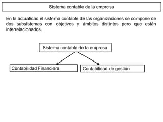 Sistema contable de la empresa
En la actualidad el sistema contable de las organizaciones se compone de
dos subsistemas con objetivos y ámbitos distintos pero que están
interrelacionados.
Contabilidad Financiera Contabilidad de gestión
Sistema contable de la empresa
 
