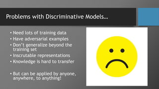 Problems with Discriminative Models…
• Need lots of training data
• Have adversarial examples
• Don’t generalize beyond the
training set
• Inscrutable representations
• Knowledge is hard to transfer
• But can be applied by anyone,
anywhere, to anything!
 