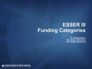 ESSER III
Funding Categories
Dr. Michael Maher
Mr. Jamey Falkenbury
Mr. Freebird McKinney
 