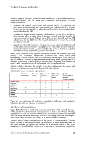 The R&D Evaluation Methodology
R&D Evaluation Methodology and Funding Principles 41
Different types of indicators reflect different possible sets of aims behind research
assessment systems and the wider policy rationales and strategic priorities
underpinning them.
 Indicators of research productivity and research quality or excellence are
particularly stressed in those R&D systems where the lack of productivity is cause
for concern (eg Italy, the CR) or where the need is felt for concentration of the
research funding (the UK)
 Pathways to impact (research esteem, collaborations, etc) are focus points for
those systems where a major intent is to steer research behaviour in order to
overcome specific systemic failures (eg in Norway an enhanced institute-HEI
collaboration in the PRFS for the research institutes) or foster the societal
relevance of research
 Input from external (competitive) funding sources are selected as indications of
quality of research (competitive strength) and the value of the research activities
for research and/or society (i.e. responding to the needs as expressed in public
competitive funding programmes, contract research etc)
Whilst some countries have separate evaluation systems for different goals (eg
Norway’s field evaluations, institutional evaluation and PRFS), which then
consequently draw on different indicators to suitably address them, other countries
(e.g. UK and Italy) have single, complex assessment systems, which typically draw on a
relatively broad range of these different indicator types discussed here, in order to
satisfy a wide range of policy needs and strategic priorities and ambitions.
Exhibit 14, below, illustrates the indicator types discussed here and the aspects and
features of a national research system they most directly relate to:
Exhibit 14 Overview of indicator types and use
Research
productivity
Research
quality
Relevance of
research
Efficiency/
value for
money
Quality/
sustainability of
national
research systems
Input Criteria X X X
Systemic
indicators
X X
Process
indicators
X X X
Research
outputs
X X X
Impact
indicators
X X
There are two categories of indicators: quantitative indicators and qualitative
indicators, the latter are collected in narratives.
3.6.2 Input and output indicators
Input Criteria help to clarify and assess the context in which research happens.
Firstly this involves basic features such as number of staff in an EvU and relatedly,
expenditures on staff and activities. On one hand, indicators of this type can highlight
value for money, especially when input indicators are directly contrasted with outputs.
Additionally, these indicators can also act as an audit of financial efficiency.
A further form of input indicators concerns the amount of funding received. This can
simply be levels of institutional funding, the significance of which depends strongly on
the rules attached to institutional funding in a particular country. But more
importantly, external funding in the form of national or international competitive
 