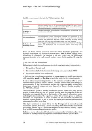Final report 1: The R&D Evaluation Methodology
48 R&D Evaluation Methodology and Funding Principles
Exhibit 21 Assessment criteria in the VQR 2004-2010 - Italy
Criteria Description
Relevance
Relevance, as added value for the advancement of knowledge in the field of science
in general, as well as the induced social benefits also in terms of consistency,
effectiveness, promptness and duration of the fallouts
Originality &
innovation
Originality/innovation, as contribution to the advancement of knowledge or to
new discoveries in the field
Internationalisation
Internationalisation and/or international standing, as positioning in the
international scenario, in terms of importance, competitiveness, editorial
spreading and appreciation from the scientific community, including explicit
cooperation with researchers and research groups from other countries
Evaluation of
technology transfer
Concerning patents, the judgment must also include the evaluation of technology
transfer and development, and socio-economic fallouts (even though only
potential)
Based on these criteria, evaluators translated their descriptive judgments into
synthetic judgements, and provide all products with a level of merit ranging from A
(Excellent) to L(Limited). The outcome of the peer review and the bibliometric
assessment consist of for each research product a score for the quality with range [1,-
2].
3.6.6 Risks and risk management
Risks related to indicators and assessment criteria are related mainly to three topics:
 The quality of the data used
 The unintended effects that some indicators may cause, especially in PRFS
 The balance between costs and benefits
A challenge that most of these research performance assessment models are struggling
with regards the quality of the data, in particular related to the research outputs.
It led to various measures implemented in the countries covered in order to ensure
and enhance the quality of the data entered. Extended control checks have been put in
place especially in the Czech Republic and the UK, where the PRFS attribute high
importance to research outputs and more than 50% of the core funding is guided by
the PRFS. (Exhibit 22)
The issue of data quality is directly linked to the process for the data entry into the
system. In most countries, this is a manual process, with the researcher or his/her
institution inserting data directly on the interface of the research information system
collecting the information. The experience is that this system is prone to mistakes,
omissions and duplications. It causes a burden on the researchers or institutions
required to enter the data as well as on the processing public agency in charge of the
cleaning and checking of the data.
This topic constituted a major driver for the development of national research
information systems, foreseeing a direct harvesting of the data from the institutional
information systems and/or Open Access Repositories and therefore creating a higher
level of efficiency as well as ensuring data quality.
In Europe and at international levels, an increasing number of initiatives have been
launched in recent years developing national research information systems (RIS).
 