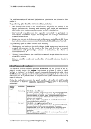 The R&D Evaluation Methodology
R&D Evaluation Methodology and Funding Principles 65
The panel members will base their judgment on quantitative and qualitative data
related to
The positioning of the RU at the international level, including
 The intensity and quality of the collaborations: the profile and prestige of the
partner organisations, incoming and outgoing study visits, the geographical
distribution of the partner organisations, the level of co-publications
 International competitiveness: the capability successfully to participate in
international competitive projects, the competitive use of major international
research infrastructure
 Esteem: the interest of the international conferences organised by the RU for an
international audience, membership of international editorial boards of journals
The positioning of the RU at the national level, including
 The intensity and quality of the collaborations: the RU involvement in centres and
research infrastructure in the country, the focus and diversity of research
collaborations and partnerships, national co-publications, the shared or
collaborative use of RI
 National competitiveness: the capability successfully to participate in national
competitive projects
 Esteem: scientific awards and memberships of scientific advisory boards in
academia
Scientific research excellence
This criterion assesses scientific research excellence, i.e. the quality of the RU
research output against the highest international standards. It aims to reveal
“pockets of excellence” in the Czech research community by assessing to what extent
the RUs have the capacity to deliver outstanding research outputs. It also serves as an
indicator of the RUs’ potential level of competitiveness on the international scene of
scientific research.
During the calibration exercise, the panel members will define the field-specific
interpretation of the terms originality, significance and rigour prior to the review by
the referees.
Starred
quality
level
Definition Description
5
Outstanding The RU is a Global Leader
In terms of originality, significance and rigour, the Unit’s research output
is comparable with outstanding work internationally in the field. The
research possesses the requisite quality to meet the highest international
standards of excellence. Work at this level can be a key international
reference point in the field.
The RU output profile is comparable to the one of the best international
research organisations in the field.
4
Very good The RU is a Strong International Player
In terms of originality, significance and rigour, the Unit’s research output
is comparable with excellent work internationally. The research
nonetheless does not yet meet the highest standards of excellence. Work
at this level can arouse serious interest in the international academic
community.
The RU output profile is comparable to the one of very good international
research organisations in the field.
 