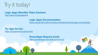 Logic Apps Monthly Video Sessions
http://aka.ms/logicappslive
Logic Apps Documentation
https://azure.Microsoft.com/documentation/services/app-service/logic/
Try App Service
https://tryappservice.azure.com/
PowerApps Request Invite
https://powerapps.microsoft.com/en-us/
 