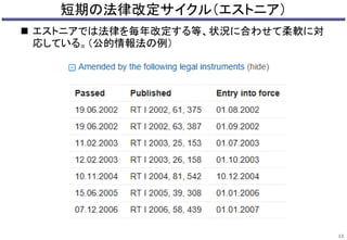 短期の法律改定サイクル（エストニア）
 エストニアでは法律を毎年改定する等、状況に合わせて柔軟に対
応している。（公的情報法の例）
13
 