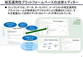 相互運用性プラットフォームベースの法律エディター
 フィンランドでは、データ、ターミノロジ、コードリストの相互運用性
プラットフォームが財務省とデジタル庁により整備されており、そ
れを基盤として法律エディタ（XMLベース）が考えられている。
44
 