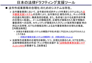 日本の法律ドラフティング支援ツール
 法令作成業務等の合理化 のためのシステムは存在。
 法令審査業務において、法令案の形式的チェック作業をシステム化した法
令審査支援システムの活用により、法令案の正 確性の向上、チェック作業
の迅速化等を図り、職員負担を軽減。また、各府省における法案作成作業
の合理化に配慮し、 メールの積極活用、正確性が確保された電子情報の
審査資料への活用、セキュリティが確保されたタブレット端末等の審査 時の
持込み活用等、ＩＣＴ化の積極活用による法令審査事務の合理化を推進。
【内閣法制局】
• 次期法令審査支援システムの構築が令和3年度に予定され入札が行われたと
ころである
– 次期法令審査支援システムの構築等一式 内閣法制局 (clb.go.jp)
 法案等作成業務の正確性を確保しつつ、合理化を図るため、ＩＣＴを活用し、
法案等関係資料の作成・チェック等を支援す る「法制執務業務支援システ
ム」(e-LAWS)を整備する。【総務省】
50
 